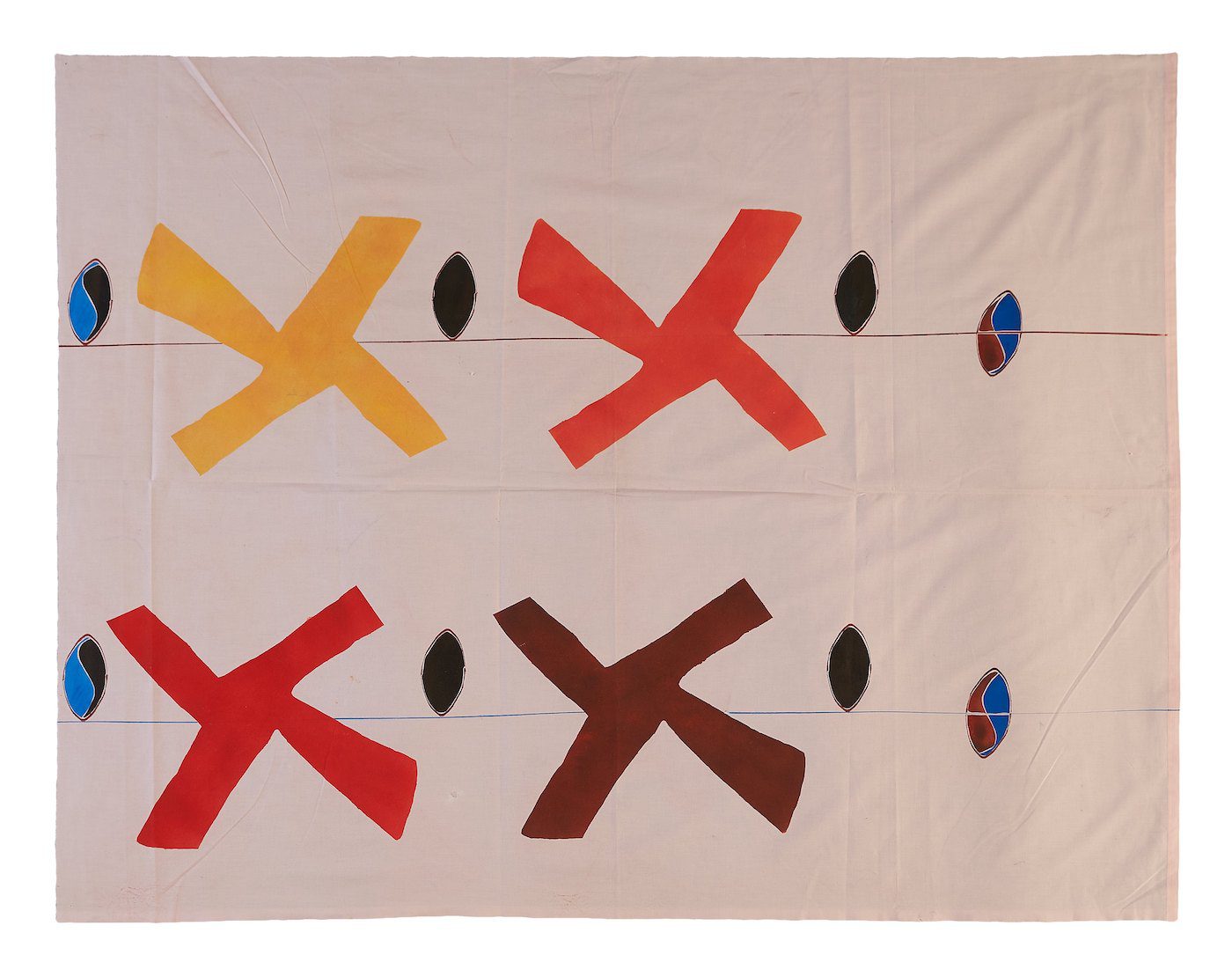 On view at “Hamid Zénati. All-Over”, Haus der Kunst, until 23.7.23.
Hamid Zénati, Untitled, undated, fabric paint on textile, 138 x 109 cm. Courtesy Hamid Zénati Estate; Photo: Maximilian Geuter.