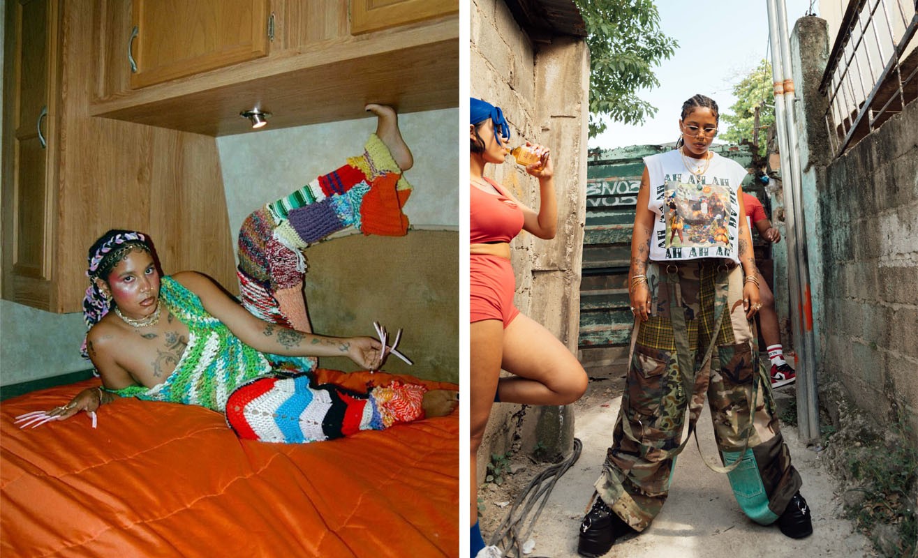 Right: Photography by Elissa Salas. Tokischa wore the piece created together with TDZ for the video Linda. Left: Tokischa in the video of the song Sistema del patio directed by Raymi Paulus. With pieces by TDZ. Photography by Richard Lanyards. Bondage pants made from old military uniforms and other leftover materials.