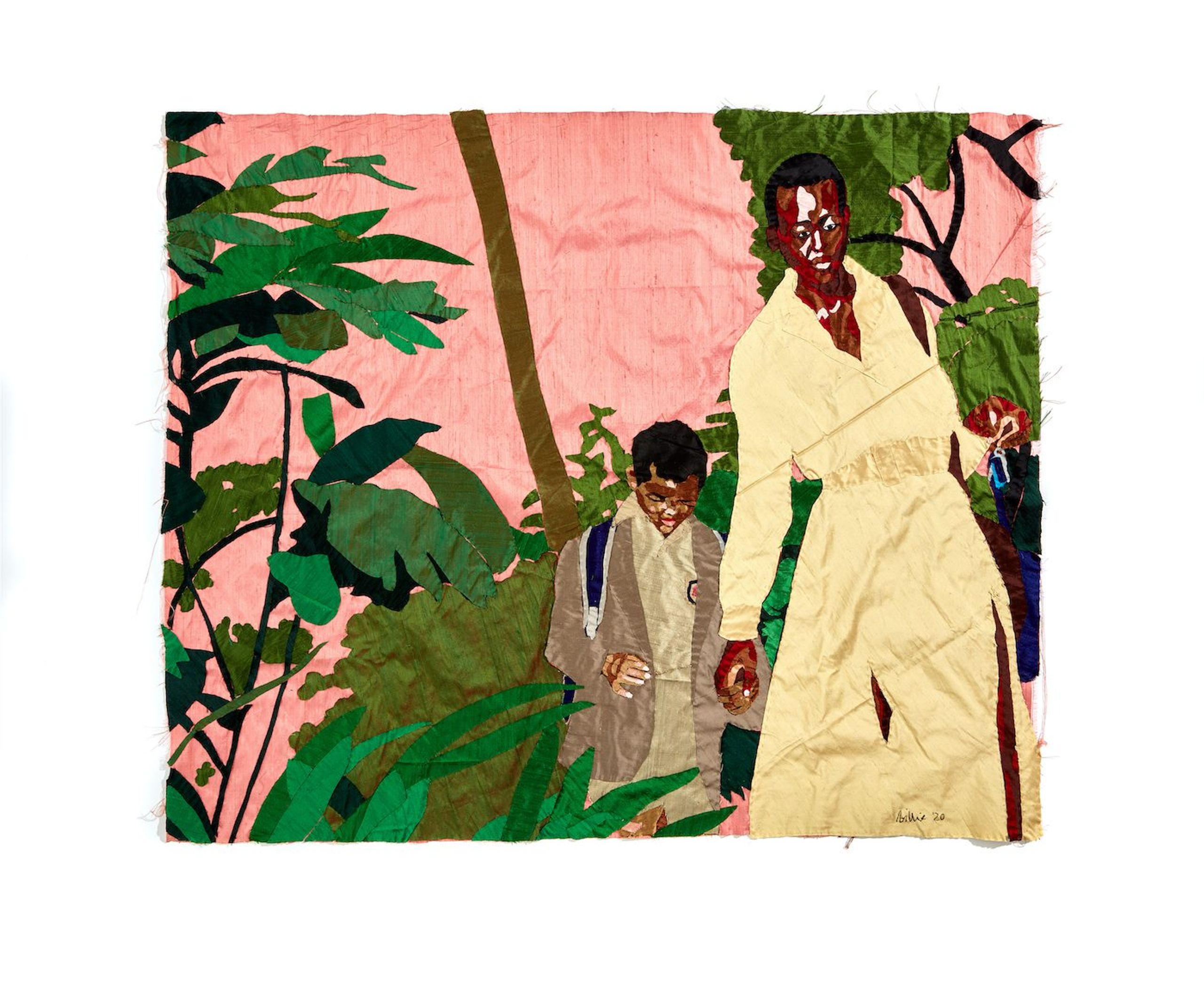 Billie Zangewa, Soldier of Love, 2020. Embroidered silk, 43 1/4 x 53 1/8 inches.
