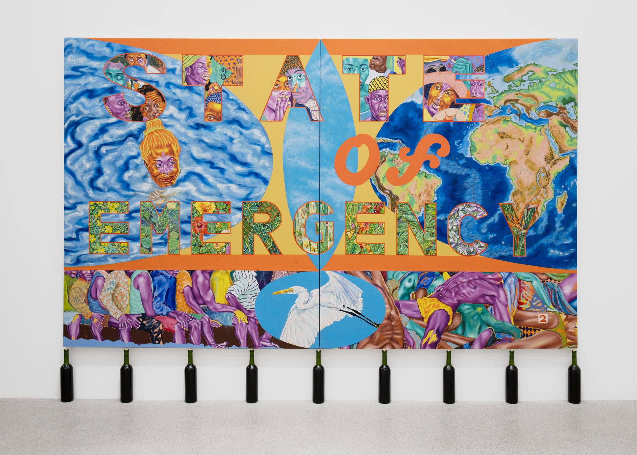 A vibrant, multi-panel painting titled "STATE OF EMERGENCY" with colorful figures, a world map, a white egret, and a row of bottles hanging below.