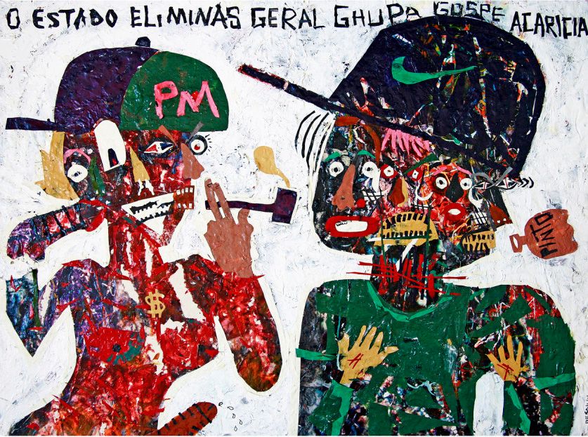“O Estado eliminas geral chupa cospe acaricia” (The State you abolish sucks, spits, fondles), 2014, mixed media on canvas, 120 x 90 cm. "Embarque nessa promoção" (Embark on this Deal) Series. Photo: FAMA Museum.
