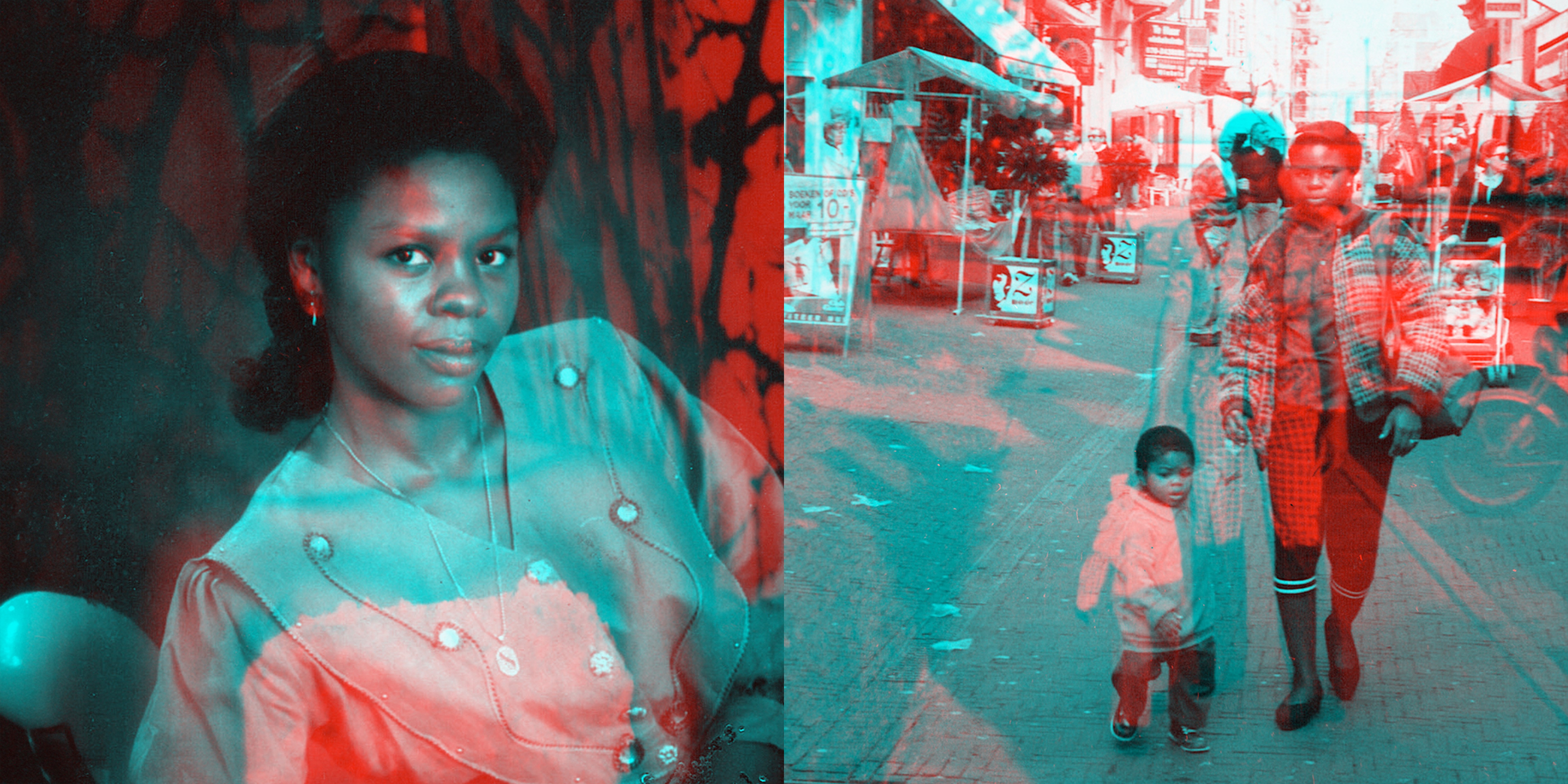 Two images with red and cyan 3D anaglyph effects: a portrait of a young Black woman, and three Black people walking on a street.
