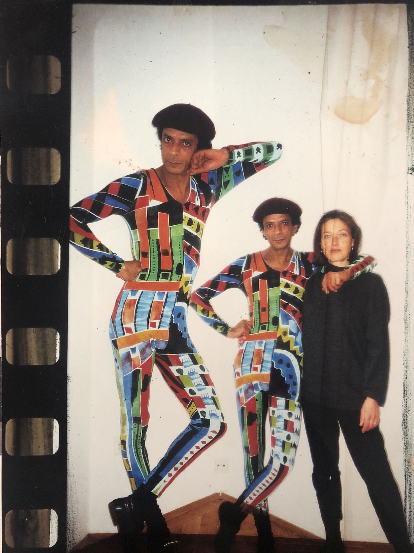 Looking at the artist’s photo archive, his attraction to the carnivalesque, to staging oneself and slipping into different roles – both feminine and masculine – becomes apparent.
The artist in one of his self-made bodysuits, late 1980s
© Hamid Zénati Estate; photographer unknown.