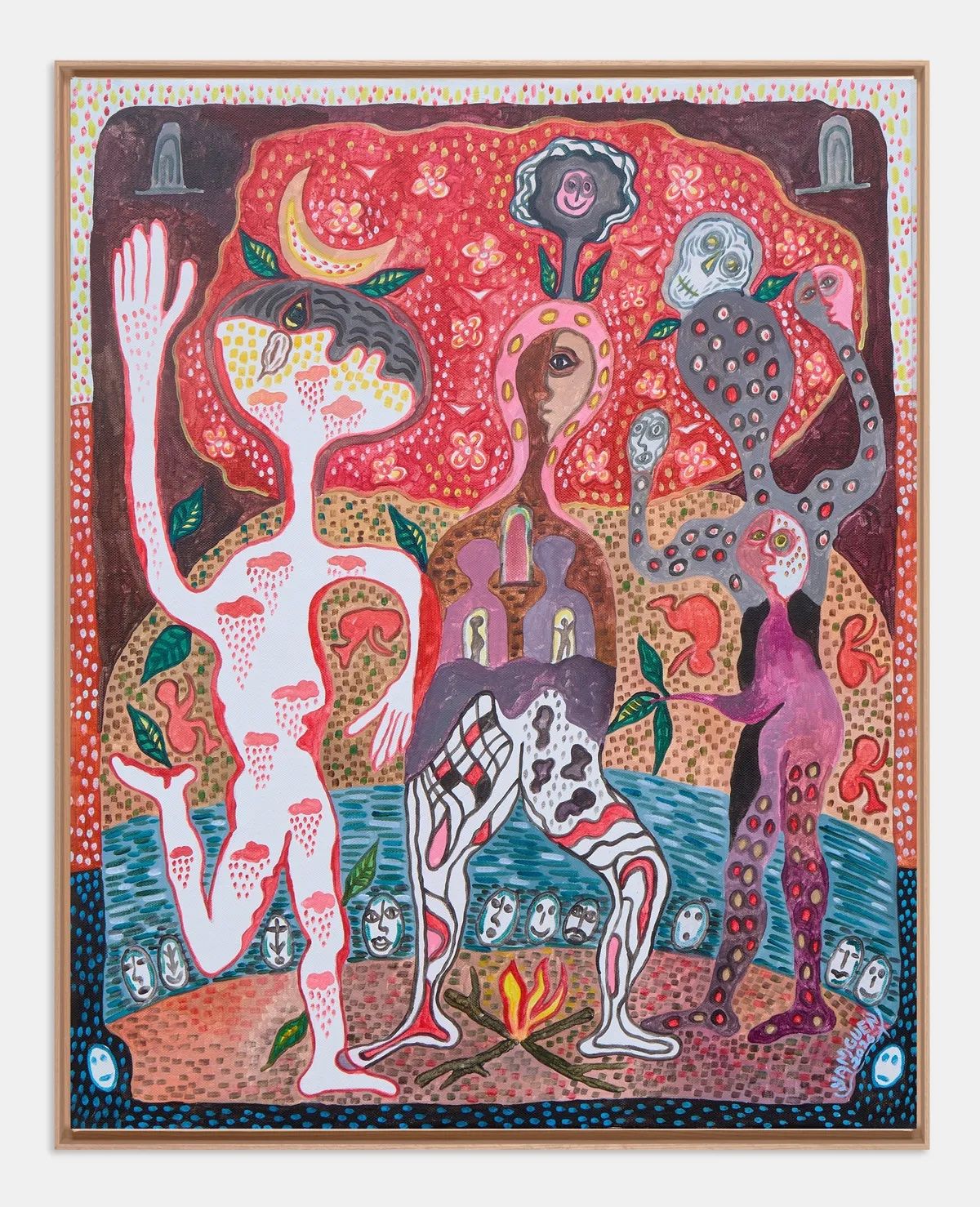 A vibrant, busy folk art painting depicting a white figure with rain clouds, a pink figure with a flower head, and a grey figure with a skull, gathered around a campfire by a river.