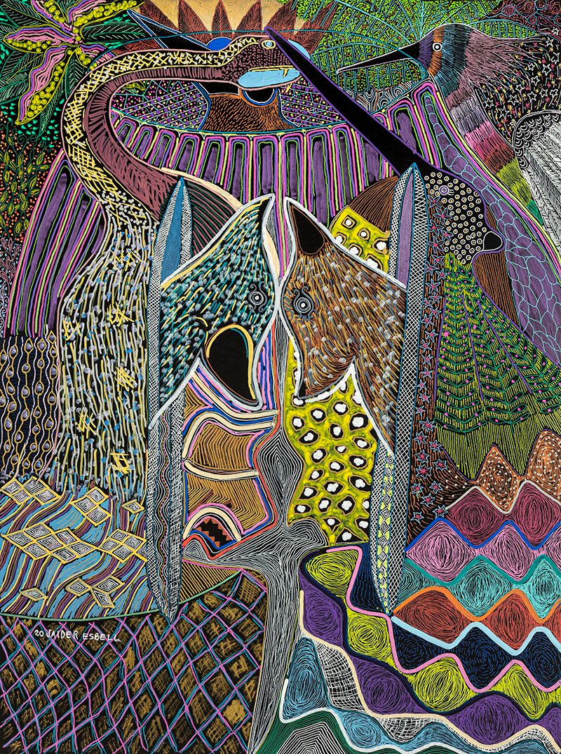 Vibrant artwork featuring stylized birds and creatures composed of intricate patterns, lines, and textures.