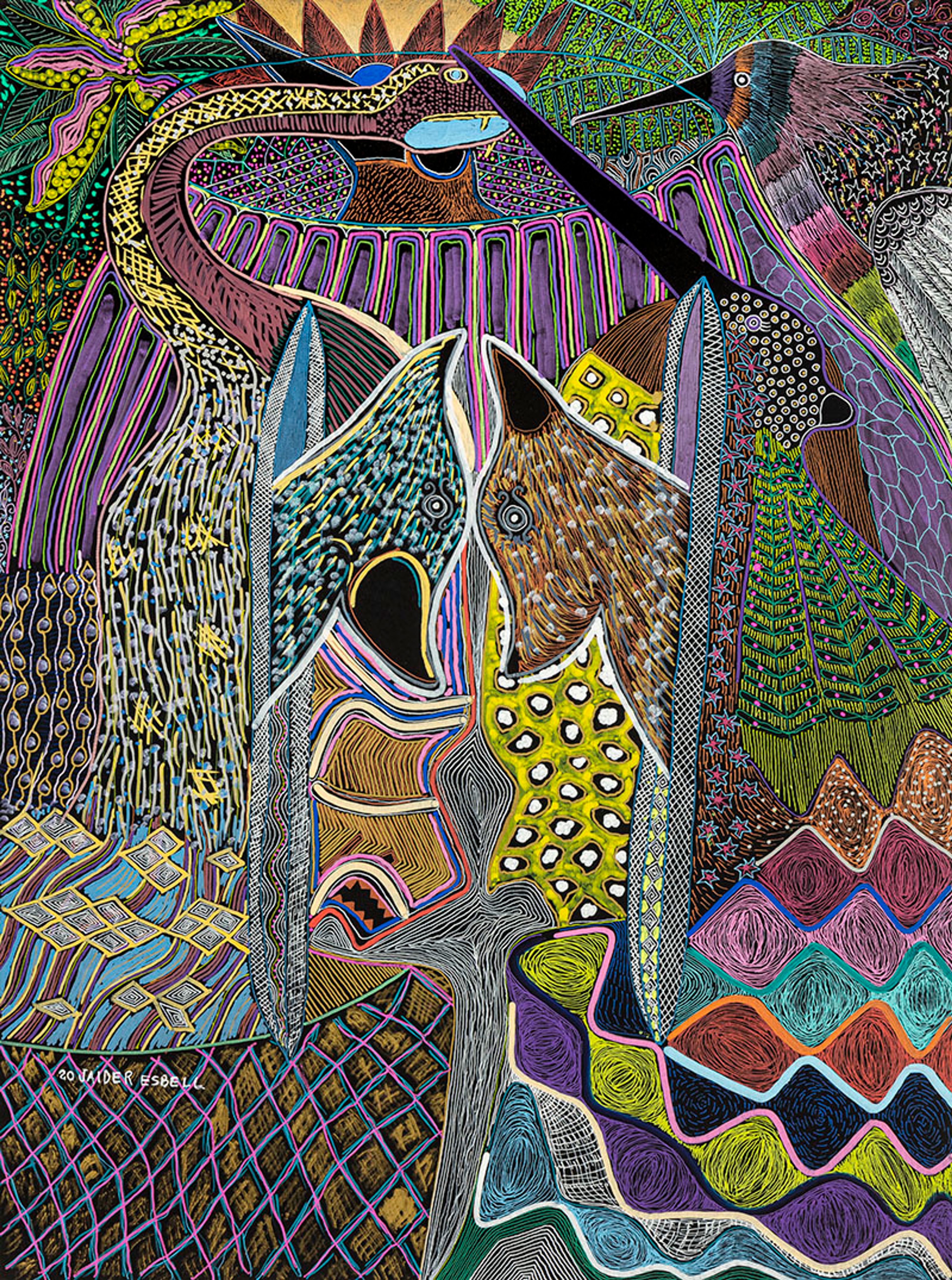 Vibrant artwork featuring stylized birds and creatures composed of intricate patterns, lines, and textures.