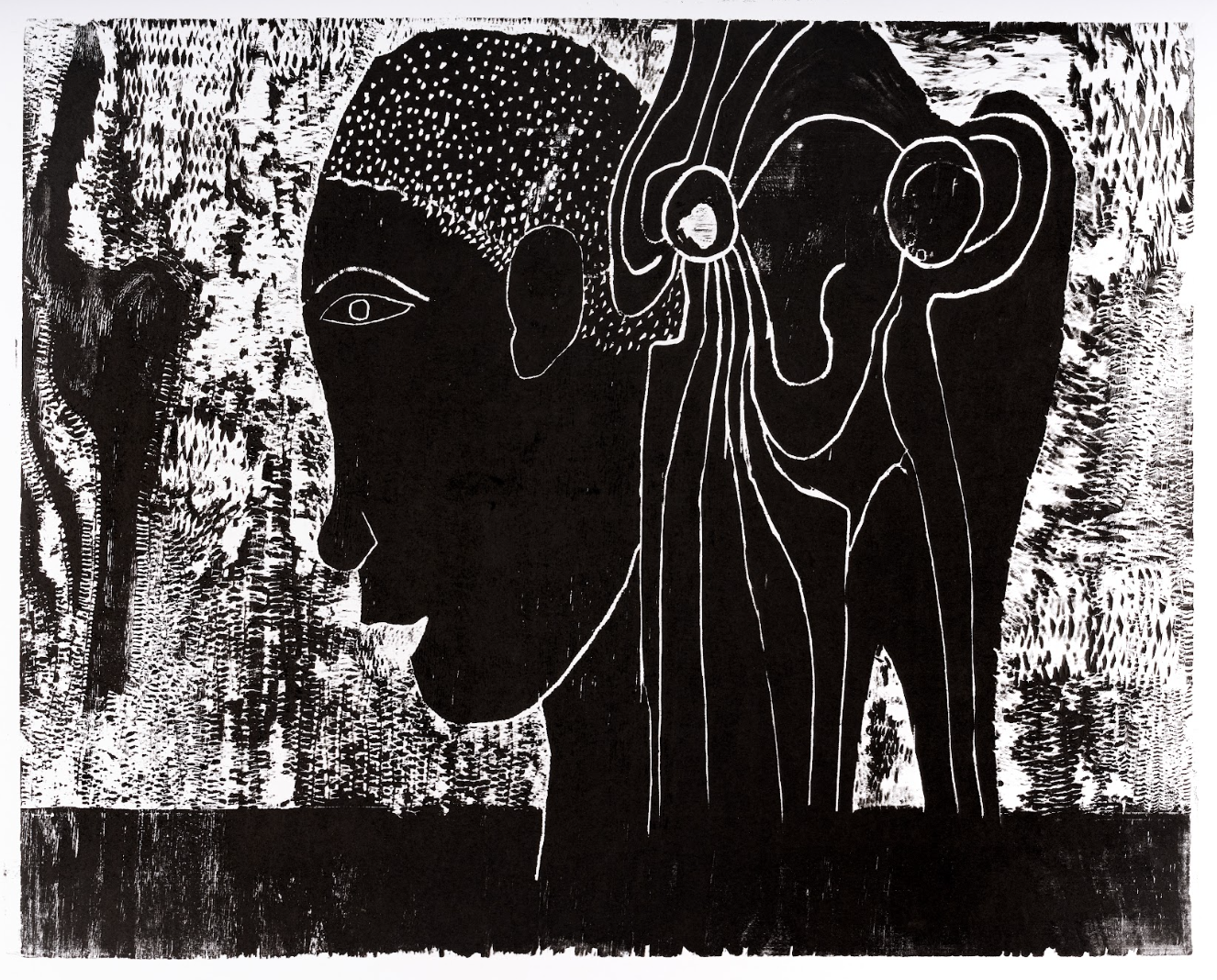 Black and white linocut of a person's profile facing right, with stippled hair and abstract, connected circular forms and lines behind their head.