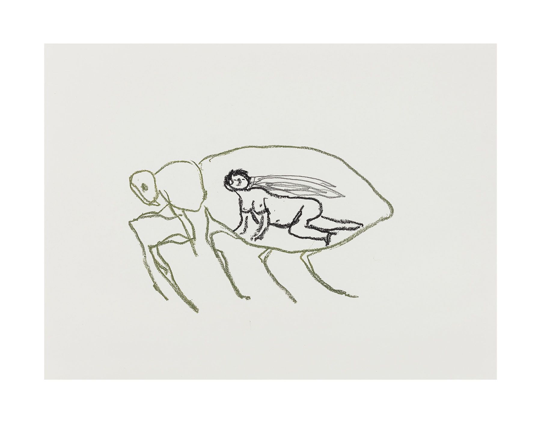 A drawing of a green insect outline containing a small, winged, crouching human figure.