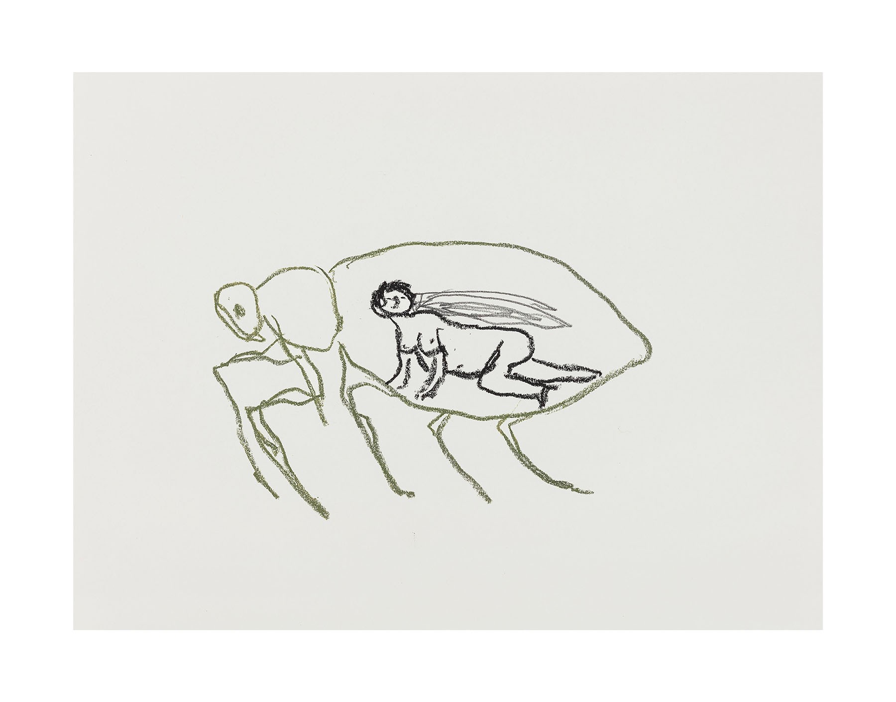 A drawing of a green insect outline containing a small, winged, crouching human figure.