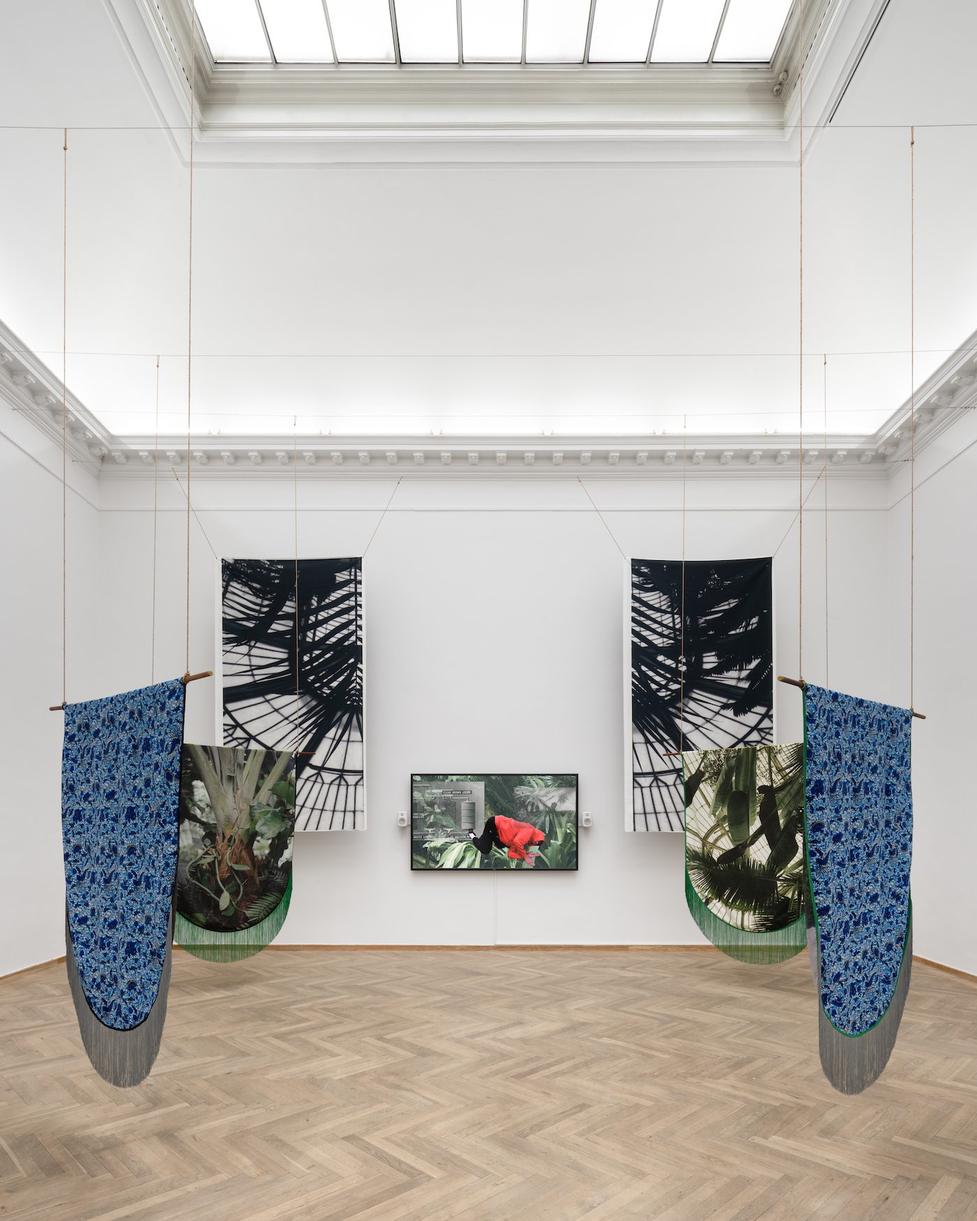 Shiraz Bayjoo, Zot Konn – Yeman (They know – The Wise), 2022. Palm Crown, 2022. Roots and Vine, 2022. Tangena Ordeal, 2022. Plantation Landscape, 2022. Split-architecture 1, 2023. Split-architecture 2, 2023. Installation view, Seeds and Souls, Kunsthal Charlottenborg, 2023. Courtesy of the artist. Photo by David Stjernholm.