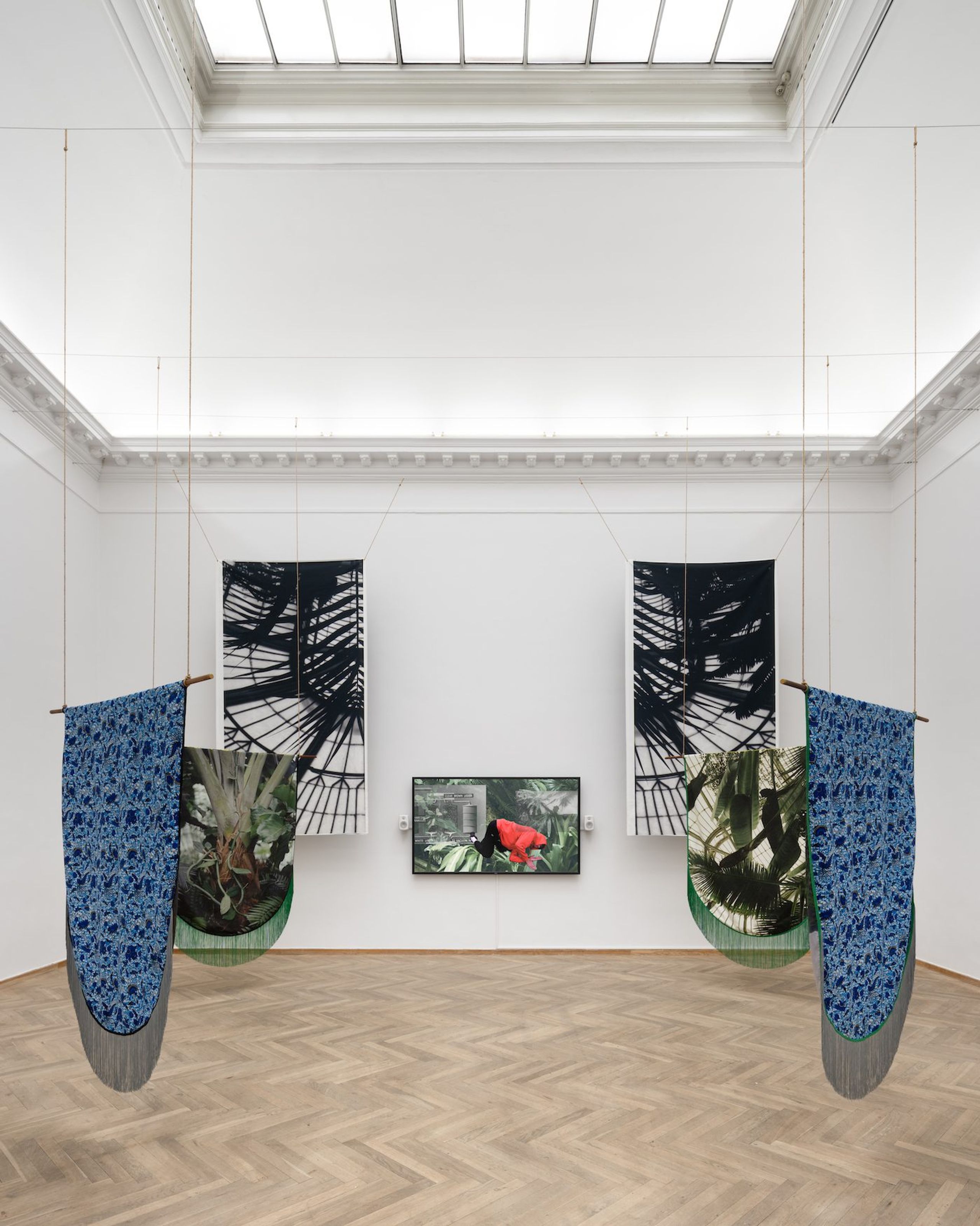 Shiraz Bayjoo, Zot Konn – Yeman (They know – The Wise), 2022. Palm Crown, 2022. Roots and Vine, 2022. Tangena Ordeal, 2022. Plantation Landscape, 2022. Split-architecture 1, 2023. Split-architecture 2, 2023. Installation view, Seeds and Souls, Kunsthal Charlottenborg, 2023. Courtesy of the artist. Photo by David Stjernholm.