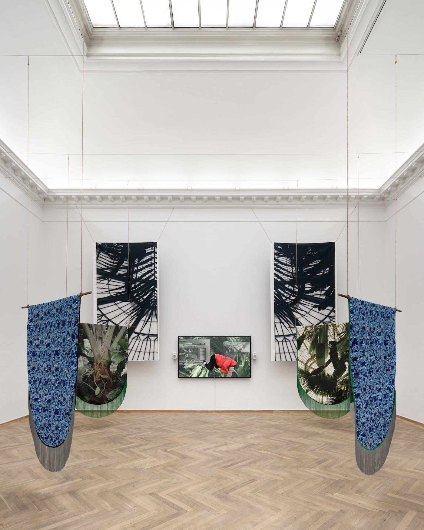 Shiraz Bayjoo, Zot Konn – Yeman (They know – The Wise), 2022. Palm Crown, 2022. Roots and Vine, 2022. Tangena Ordeal, 2022. Plantation Landscape, 2022. Split-architecture 1, 2023. Split-architecture 2, 2023. Installation view, Seeds and Souls, Kunsthal Charlottenborg, 2023. Courtesy of the artist. Photo by David Stjernholm.