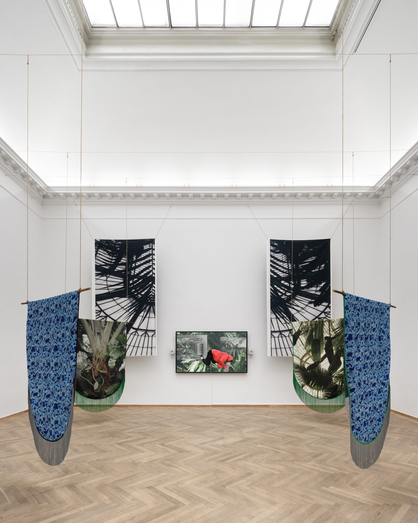 Shiraz Bayjoo, Zot Konn – Yeman (They know – The Wise), 2022. Palm Crown, 2022. Roots and Vine, 2022. Tangena Ordeal, 2022. Plantation Landscape, 2022. Split-architecture 1, 2023. Split-architecture 2, 2023. Installation view, Seeds and Souls, Kunsthal Charlottenborg, 2023. Courtesy of the artist. Photo by David Stjernholm.