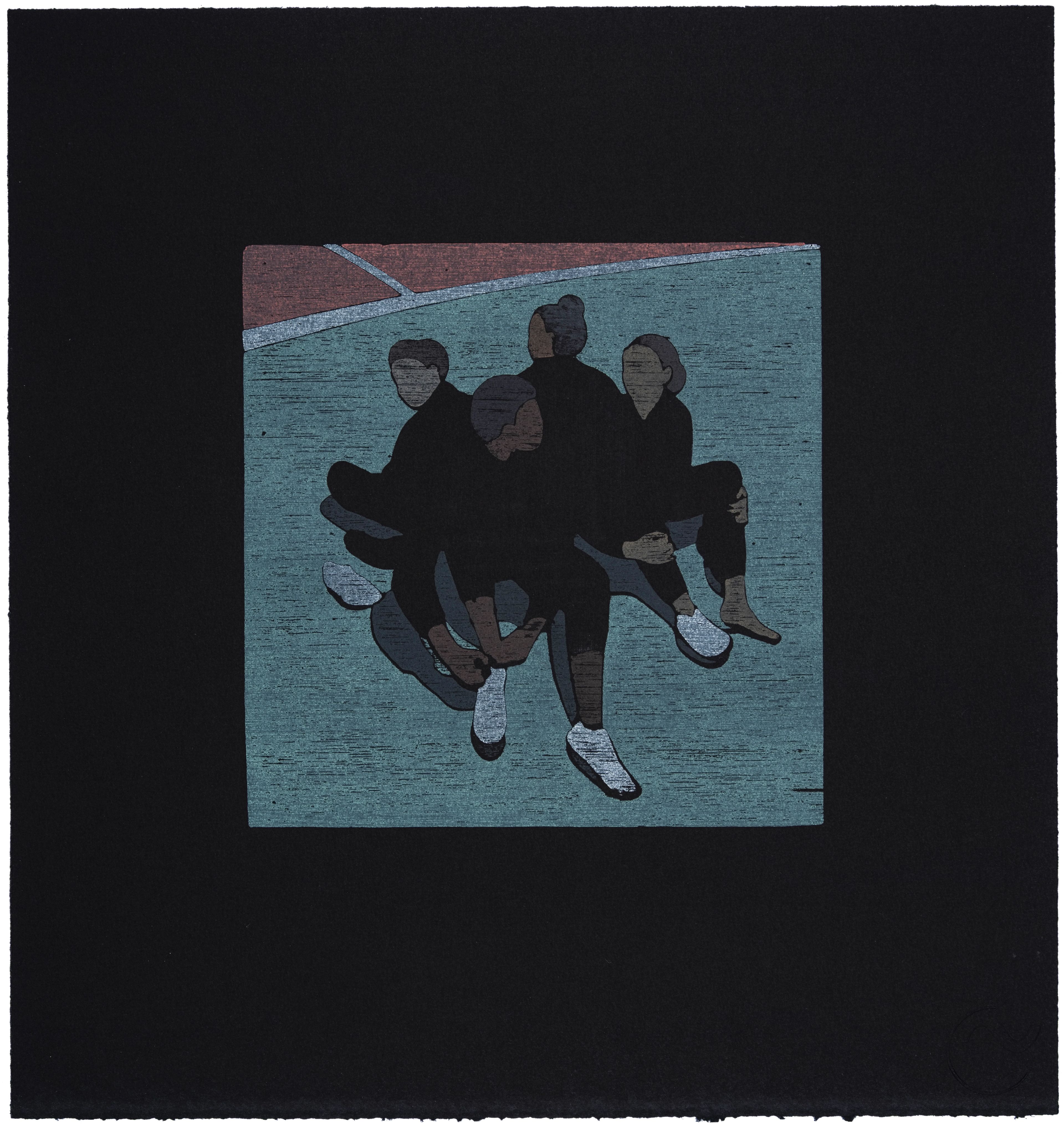 Graphic print depicting four dark, abstract figures sitting in a circle on a blue-green track, with a red lane visible.