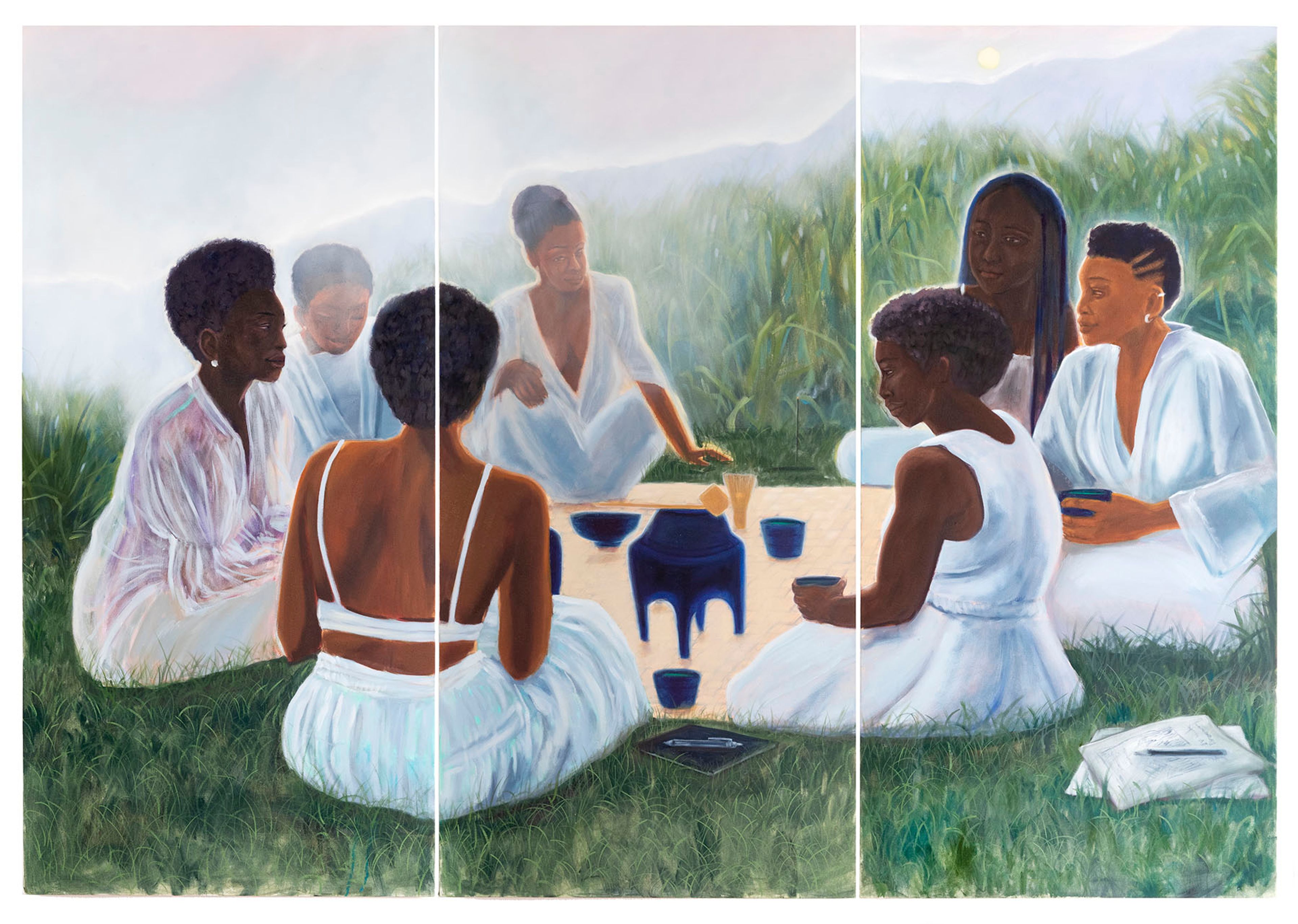 A painting of seven Black women in white gathered on green grass with blue cups and a pitcher, composed of three vertical panels.