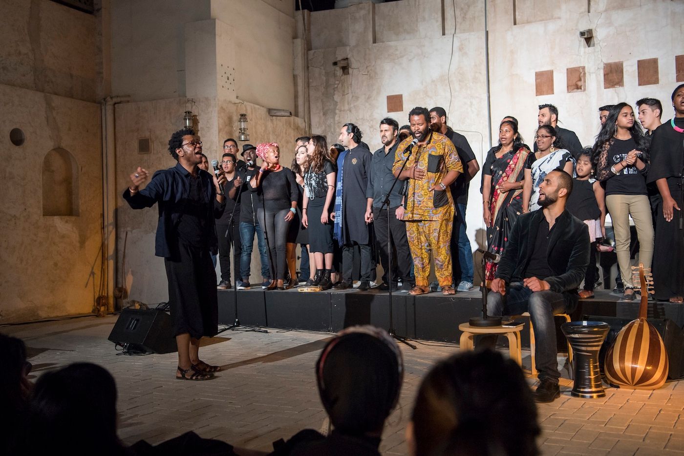 Naham – Songs of light and weight, performance by Neo Muyanga (composer and musician), Al Hamdan Bin Mousa Courtyard, Al Mureijah Square, 2018. Image courtesy of Sharjah Art Foundation.