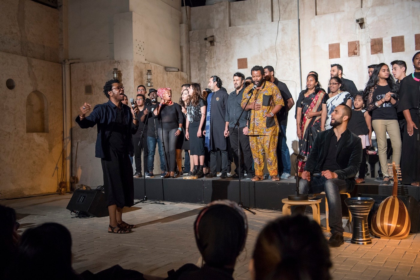 Naham – Songs of light and weight, performance by Neo Muyanga (composer and musician), Al Hamdan Bin Mousa Courtyard, Al Mureijah Square, 2018. Image courtesy of Sharjah Art Foundation.