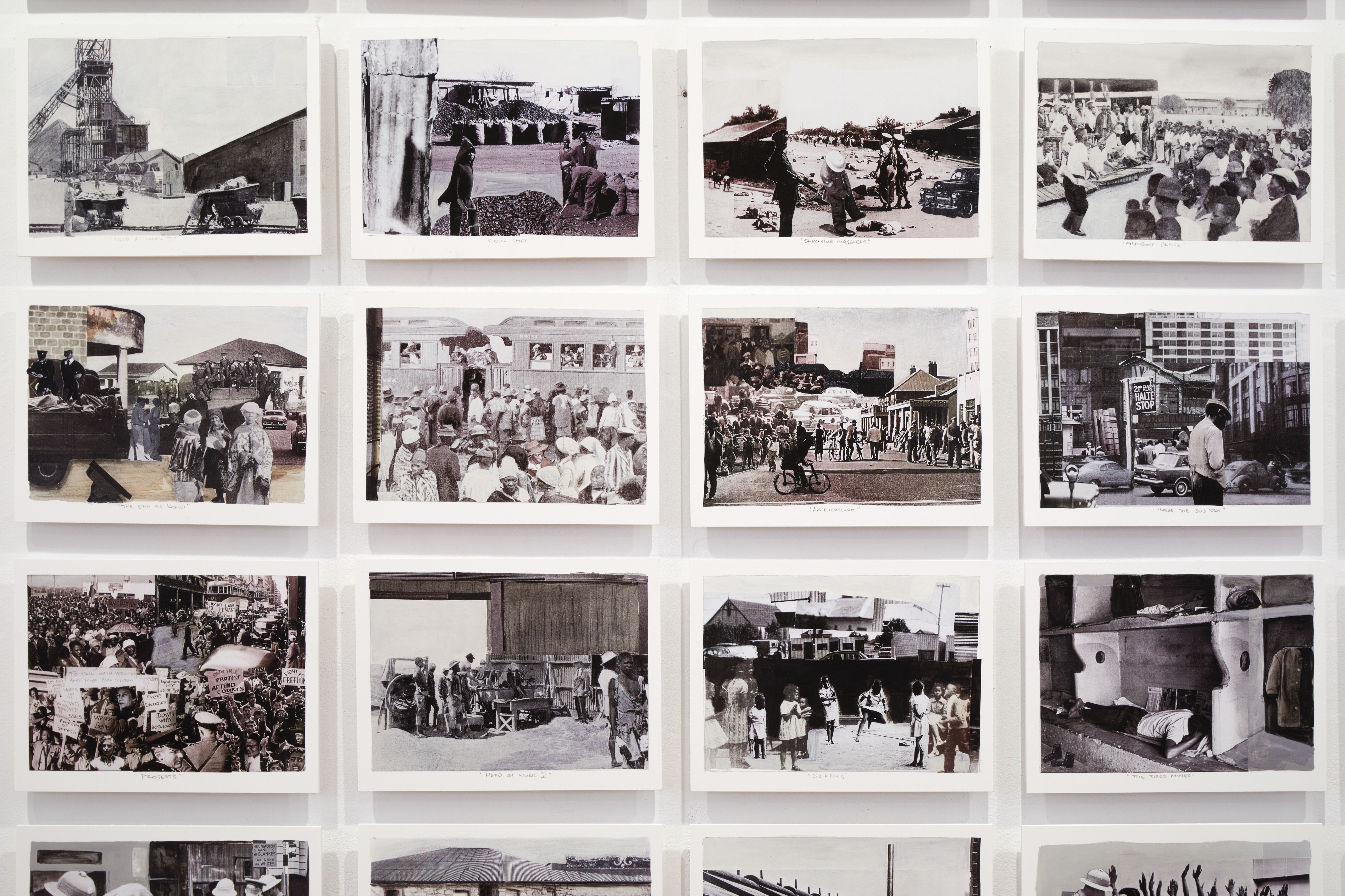 A grid of monochrome photographs depicting diverse scenes including street life, crowds, and buildings.