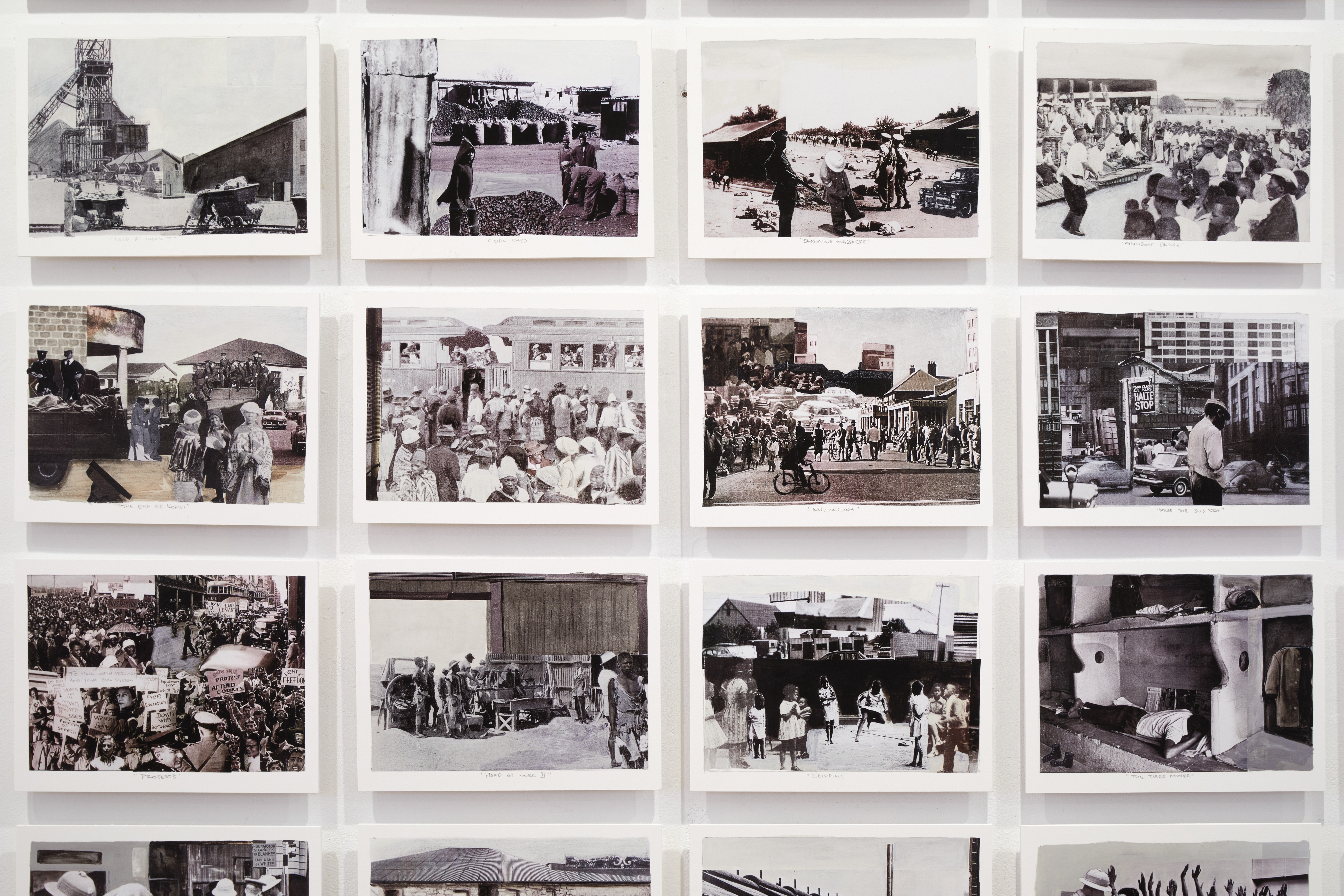 A grid of monochrome photographs depicting diverse scenes including street life, crowds, and buildings.