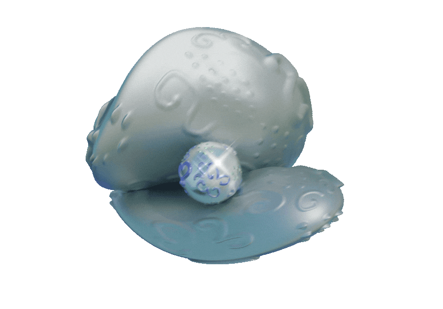 Silver oyster shell slightly open, revealing a glowing, patterned pearl.