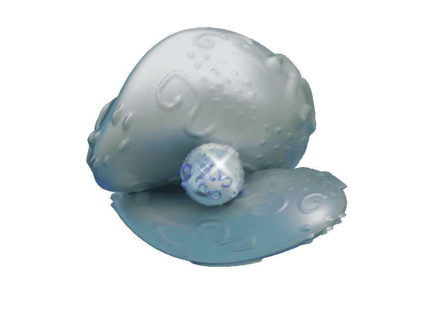 Silver oyster shell slightly open, revealing a glowing, patterned pearl.
