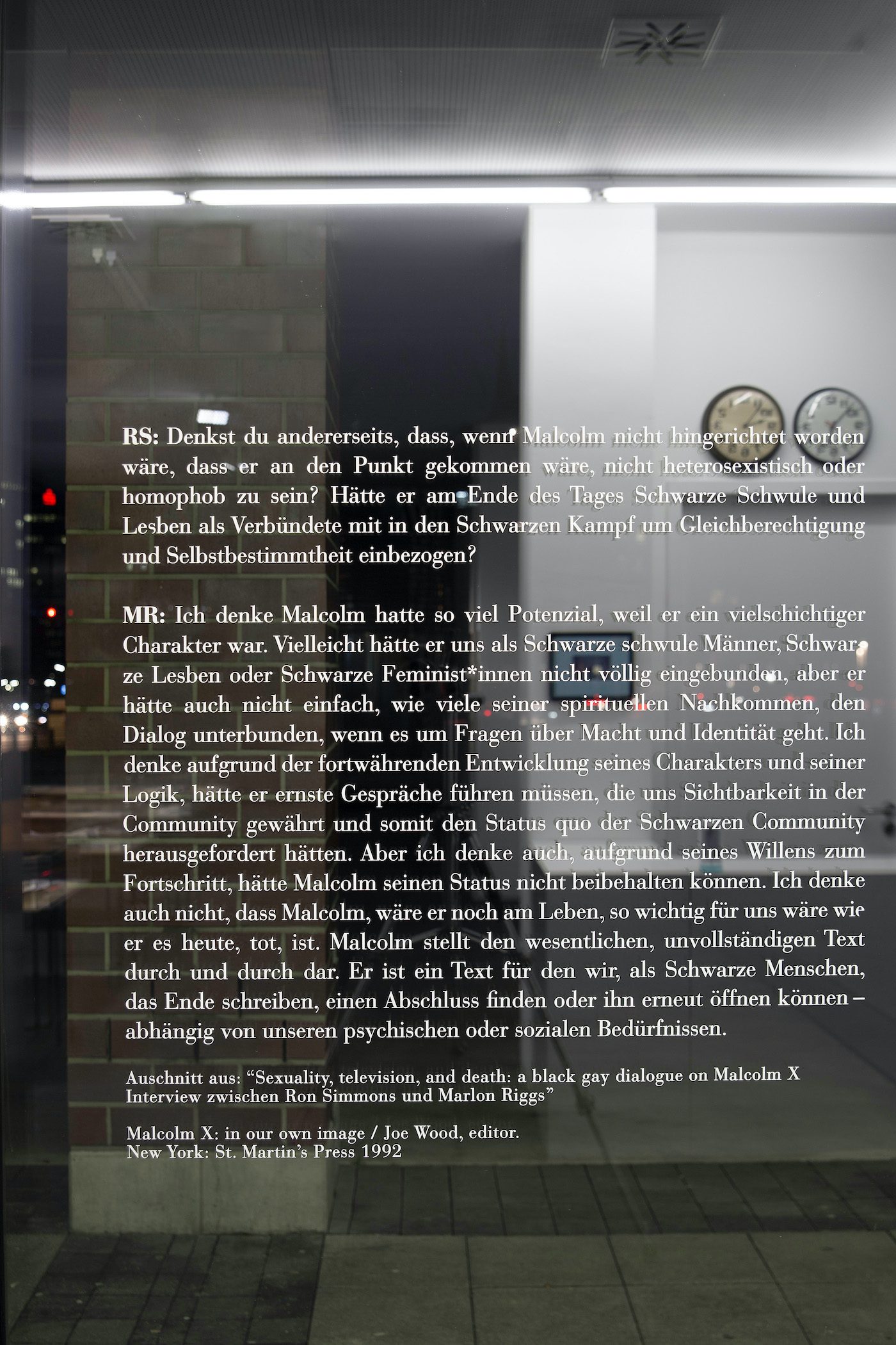 James Gregory Atkinson, ‘6 Friedberg-Chicago’, 2021/22, Text: Interview Marlon Riggs &amp; Ron Simmons, in: Sexuality, Televison, and Death: A Black Gay Dialogue on Malcolm X: in our own image, Joe Wood, New York St. Martin’s Press (1992), exhibition view, Dortmunder Kunstverein. Courtesy: the artist, Dortmunder Kunstverein. Photo: Jens Franke