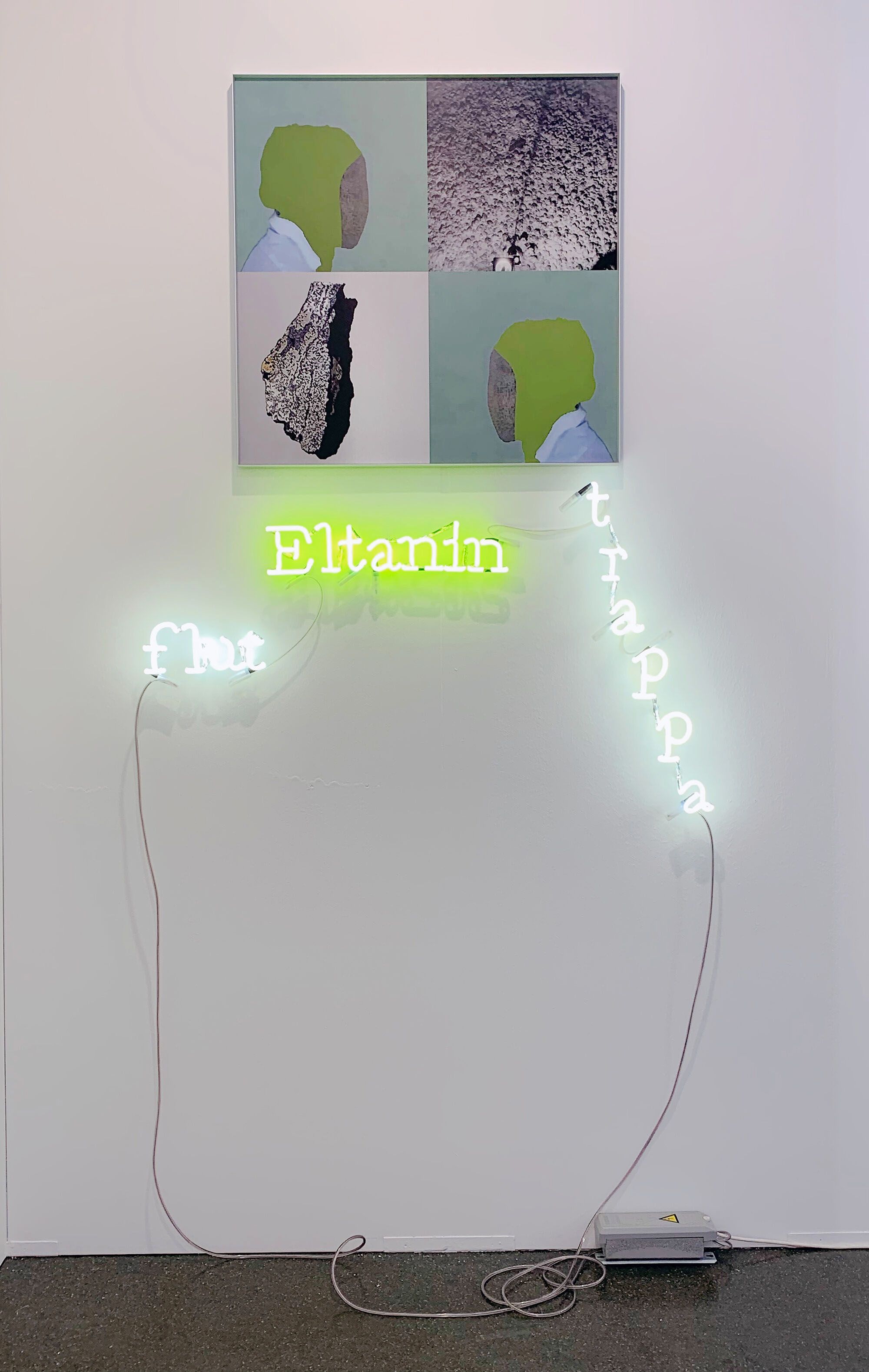 An art installation on a white wall featuring a four-panel artwork with green-hooded figures and textured abstract panels, displayed above three neon signs reading "Eltanin" (green), "fhat" (white), and a vertical "trappa" (white), with their power wires visible.