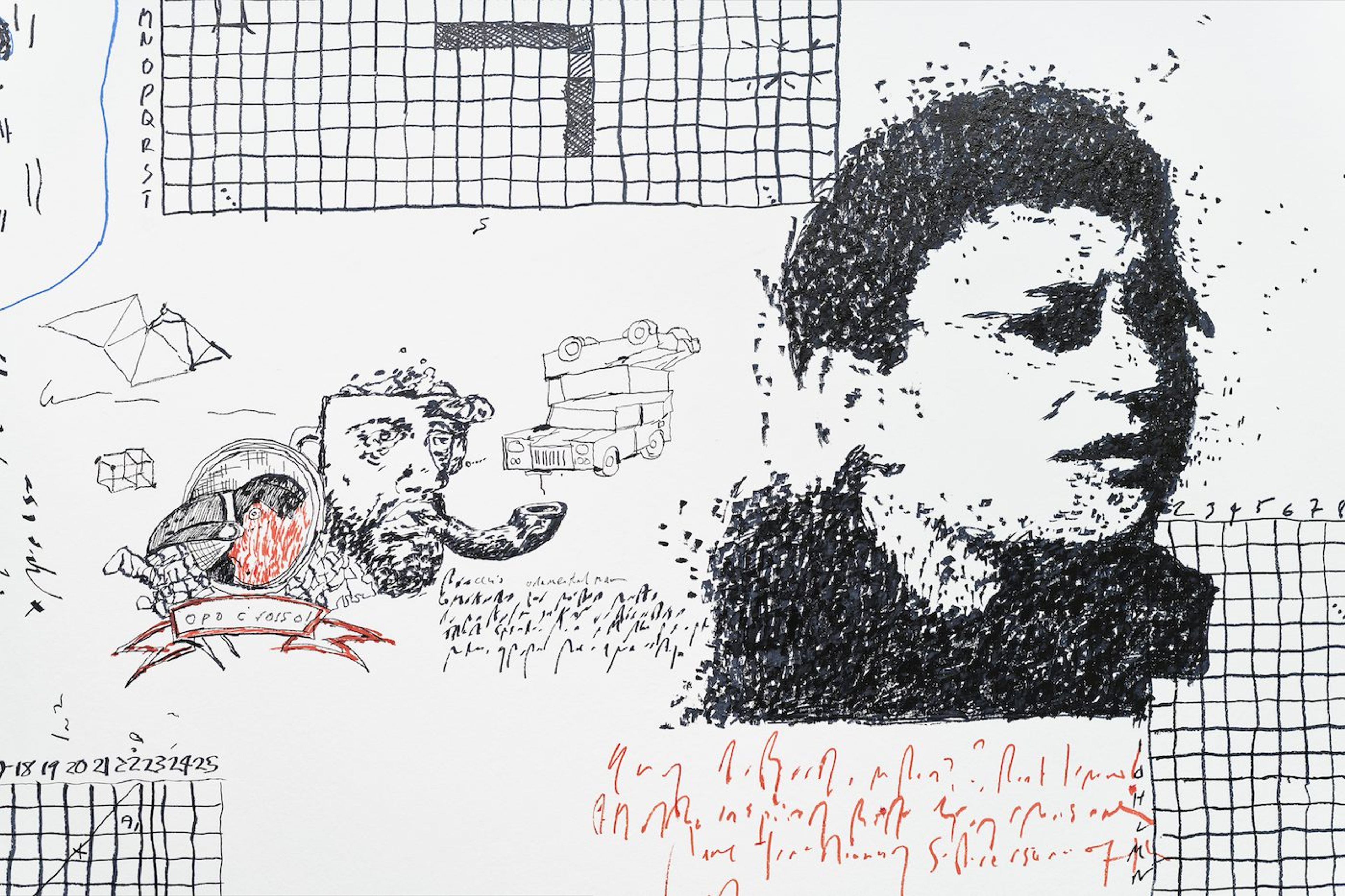Samson Kambalu, A Game of War: Kambalu v Sanguinetti Trial at Ostend, 2021, video installation. Courtesy Kate MacGarry Gallery, London. View of the exhibition Globalisto. A Philosophy in Flux at the Musée d’art moderne et contemporain de Saint-Étienne Métropole, from June 25th to October 16th, 2022. Crédit photo : C. Cauvet / MAMC+