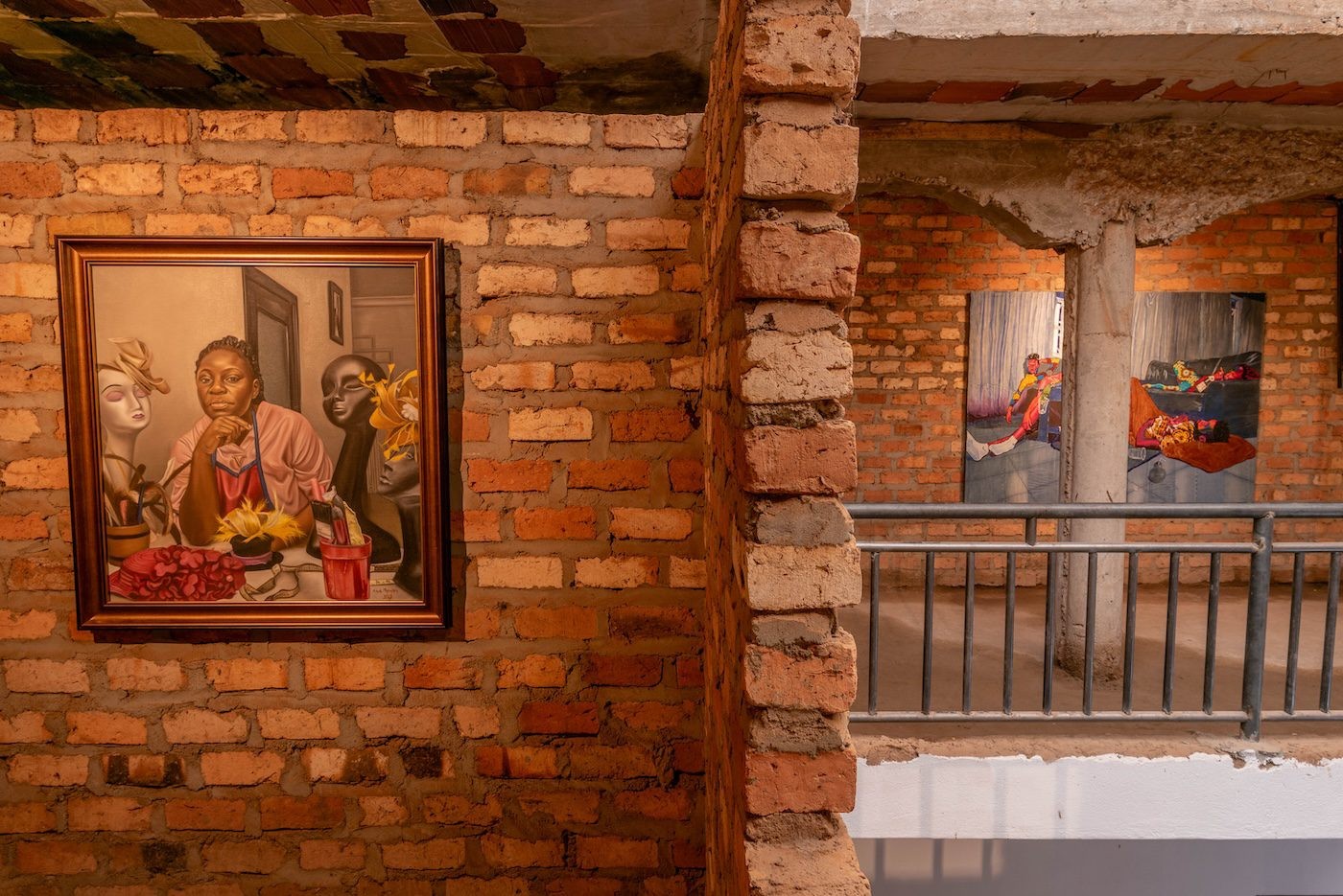 Afia Prempeh, Housewife Dream, 2022, Oil on canvas, 88 x 82 cm and Matt Kayem, Slumber Party, 2023, Acrylics, oil pastels on denim and bark-cloth, 153 x 214 cm. Photo: Atiko Anthony