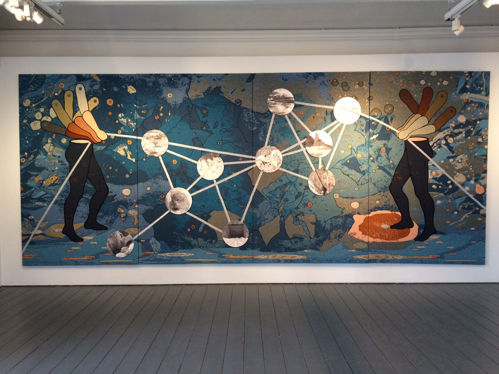 Otobong Nkanga The weight of Scars, 2015 4 tapestries, woven textile and photography, viscose bast, mohair, polyester, bio-cotton, linen, acrylic, and inkjet print on 10 laser-cut Forex plates, each 253 x 153 cm 