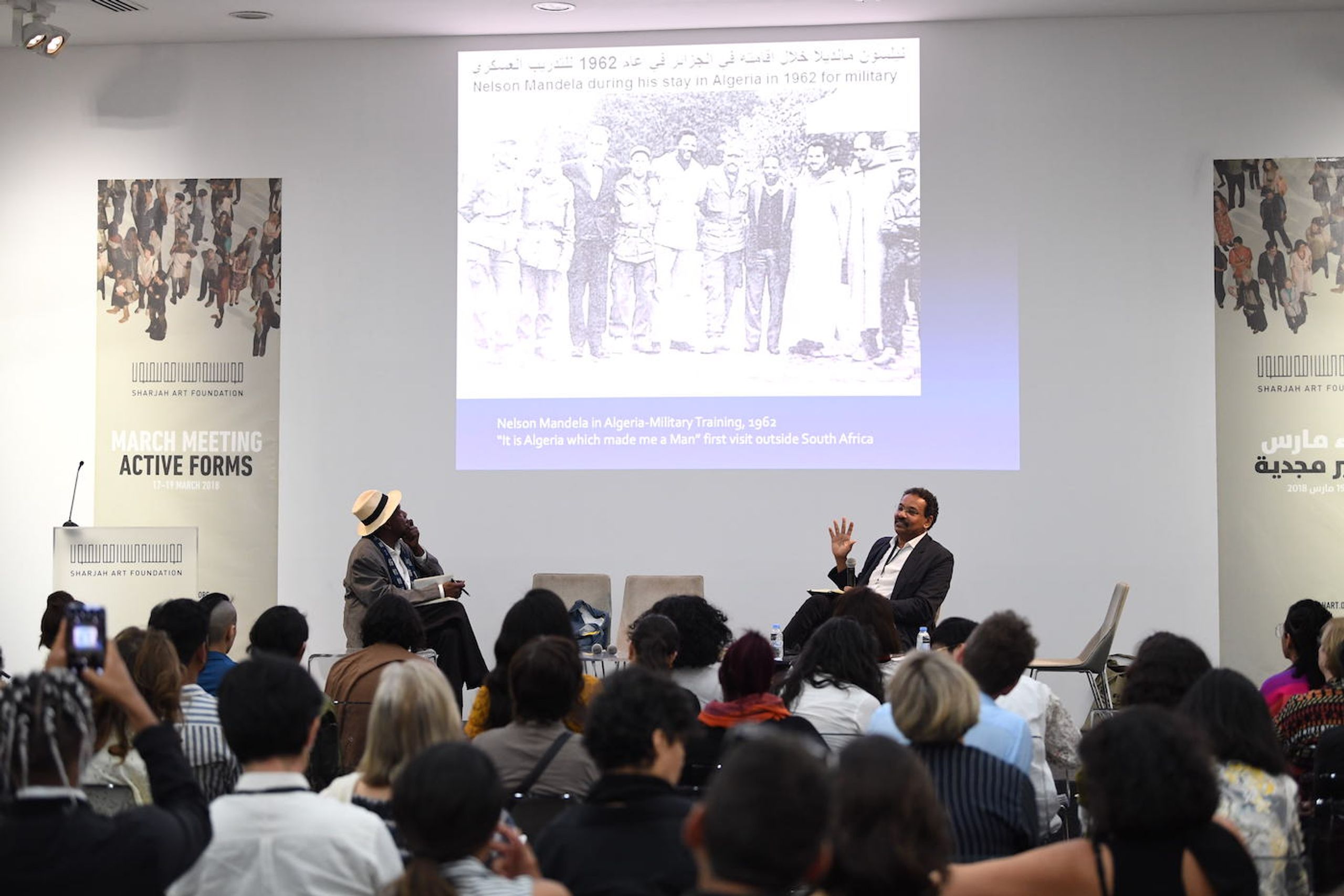 Artists Talk, Manthia Diawara (University Professor and Director, Institute of African American Affairs, New York University) in conversation with Salah Hassan (Goldwin Smith Professor and Director, Institute for Comparative Modernities, Cornell University), 2018. Image courtesy of Sharjah Art Foundation.