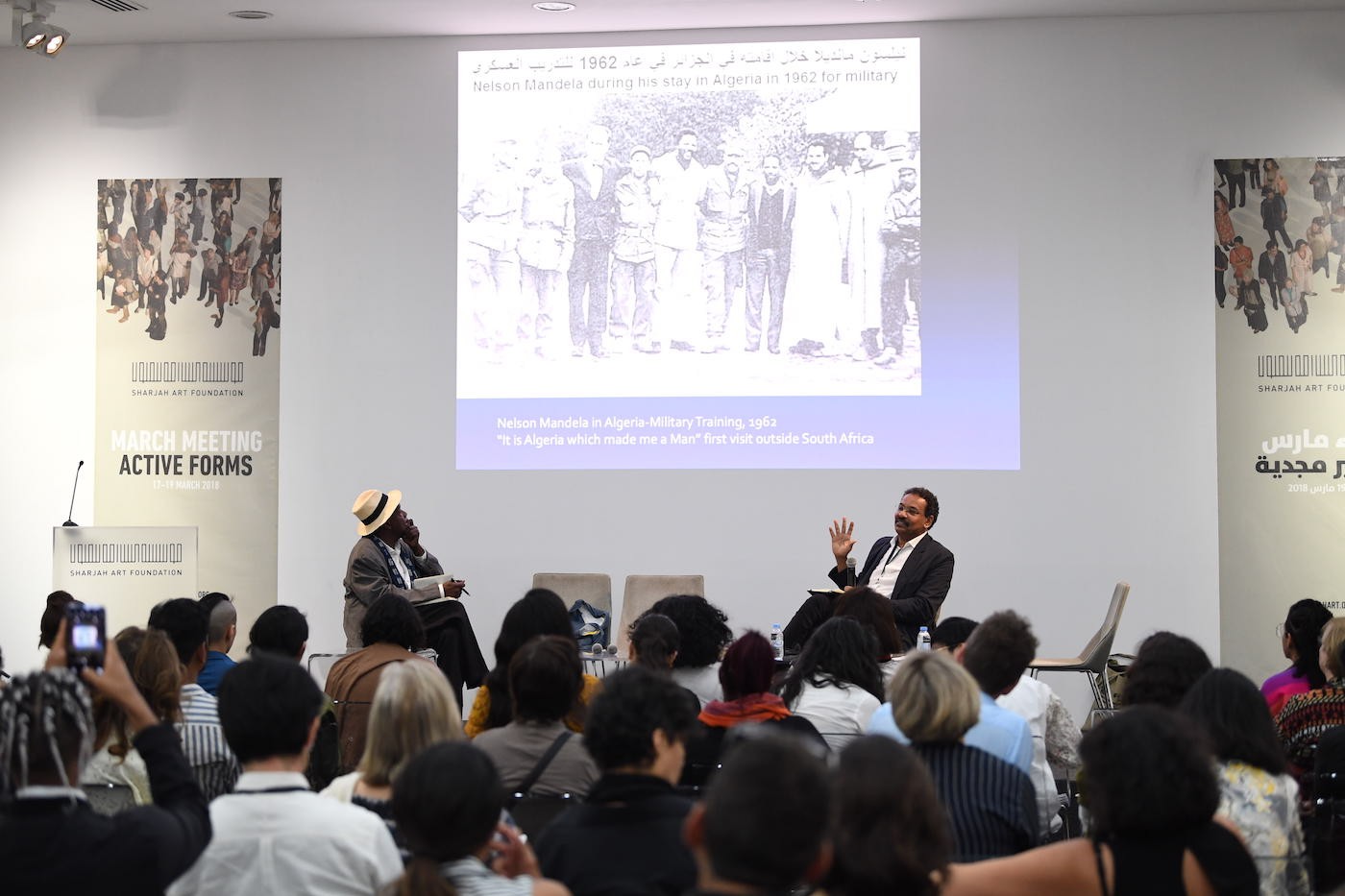 Artists Talk, Manthia Diawara (University Professor and Director, Institute of African American Affairs, New York University) in conversation with Salah Hassan (Goldwin Smith Professor and Director, Institute for Comparative Modernities, Cornell University), 2018. Image courtesy of Sharjah Art Foundation.