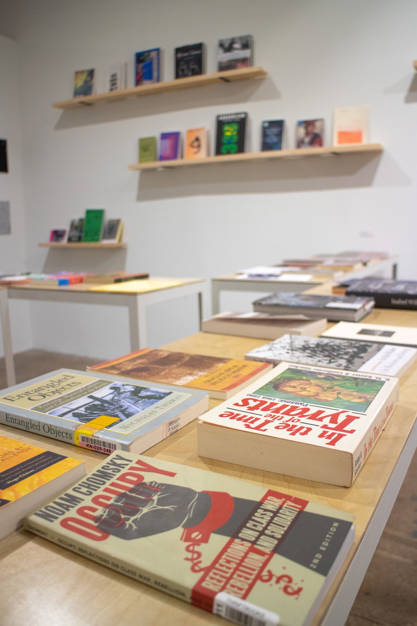 A display of books on light-colored tables in the foreground and on shelves against a white wall in the background. Titles like "Noam Chomsky Occupy" are visible.