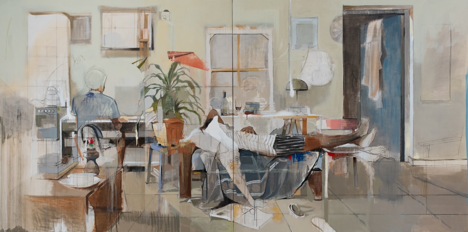 A muted painting of a domestic interior with two figures: one seated at a table on the left, and another reclining on a chair with extended legs on the right.