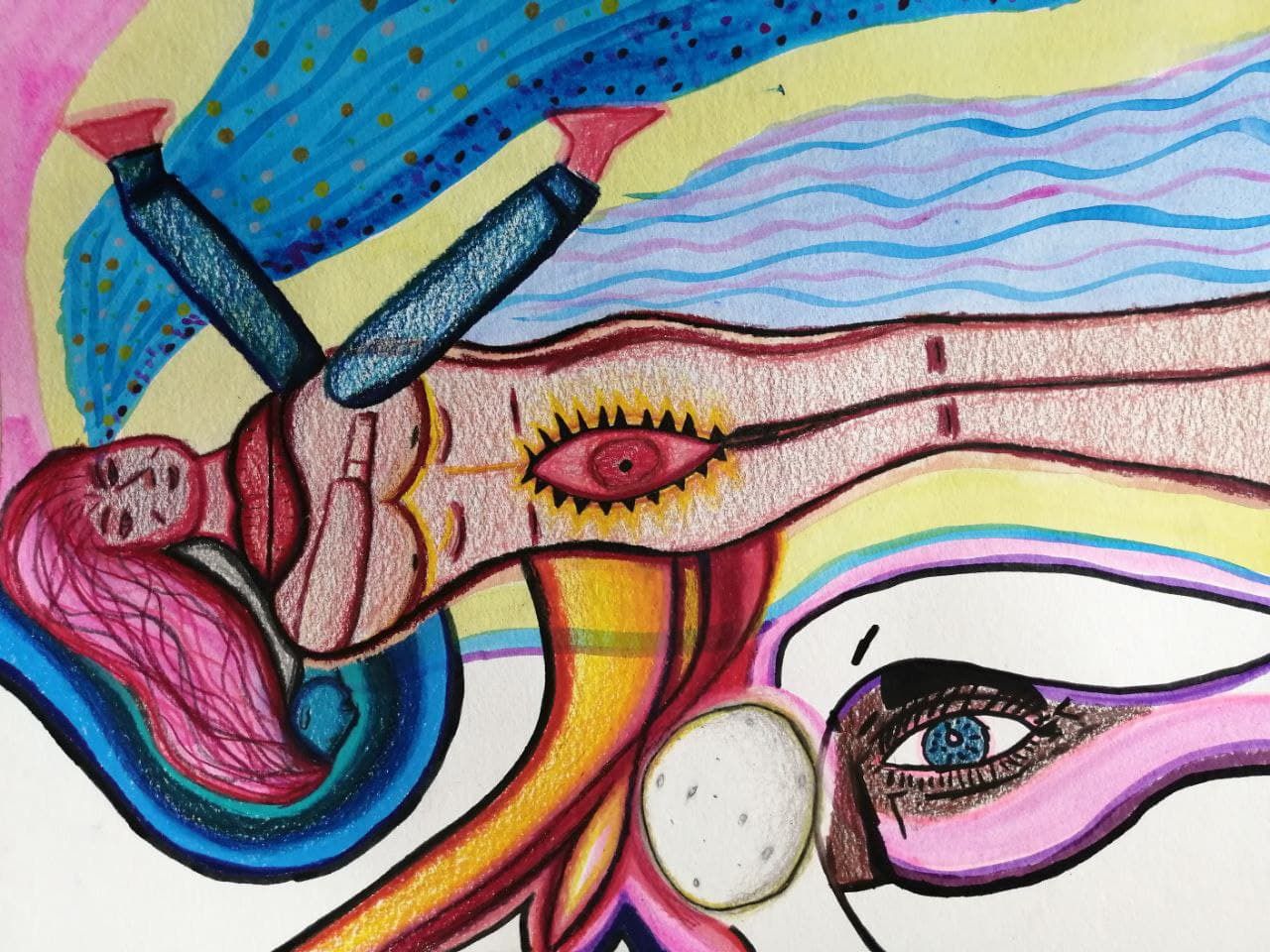 Lucía Ixchíu, Mi yo en cuarentena (Myself in quarantine), crayon, watercolor, marker on cotton paper.