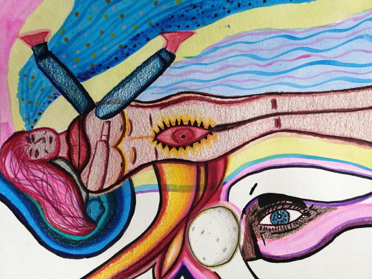 Lucía Ixchíu, Mi yo en cuarentena (Myself in quarantine), crayon, watercolor, marker on cotton paper.