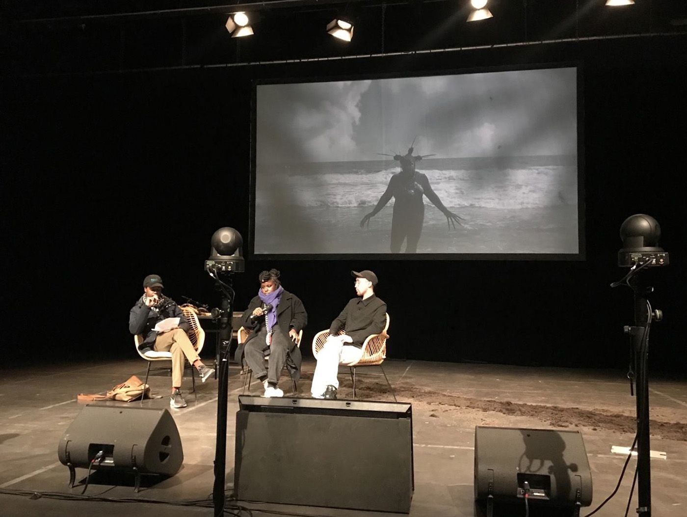 Talk between Gwaldys Gambie (artist), Paul-Aimé William and David Démétrius (curator) about film Manmanw Chadwon. Press Photo