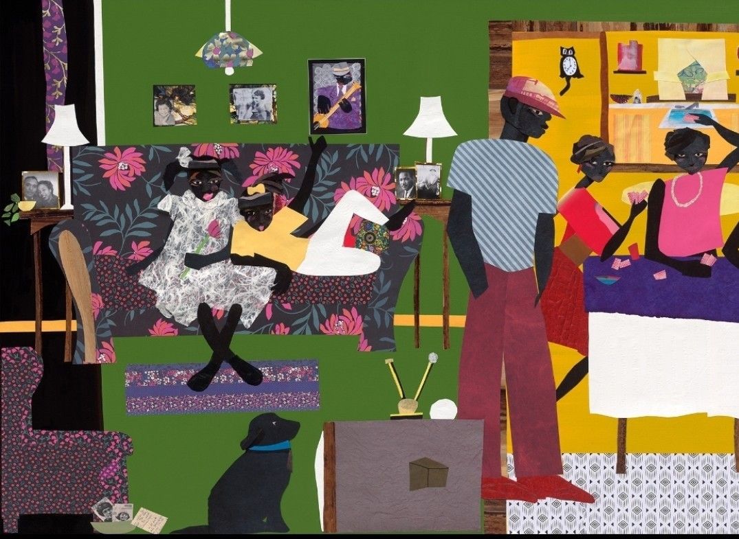 Judy Bowman. Mom On Seneca, 2020. 36 x 48 in 91.4 x 121.9 cm. Courtesy of the artist. “Mom On Seneca depicts my home on the Eastside of Detroit in the early 1960s. It was not rare to see the adults enjoying a competitive and lively game of cards, while us kids were off watching television and finding our own mischief in the den – a cultural scene in the fabric of many Black homes and traditions. Laughter mixed with trash talking filled the atmosphere and music played in the background.”