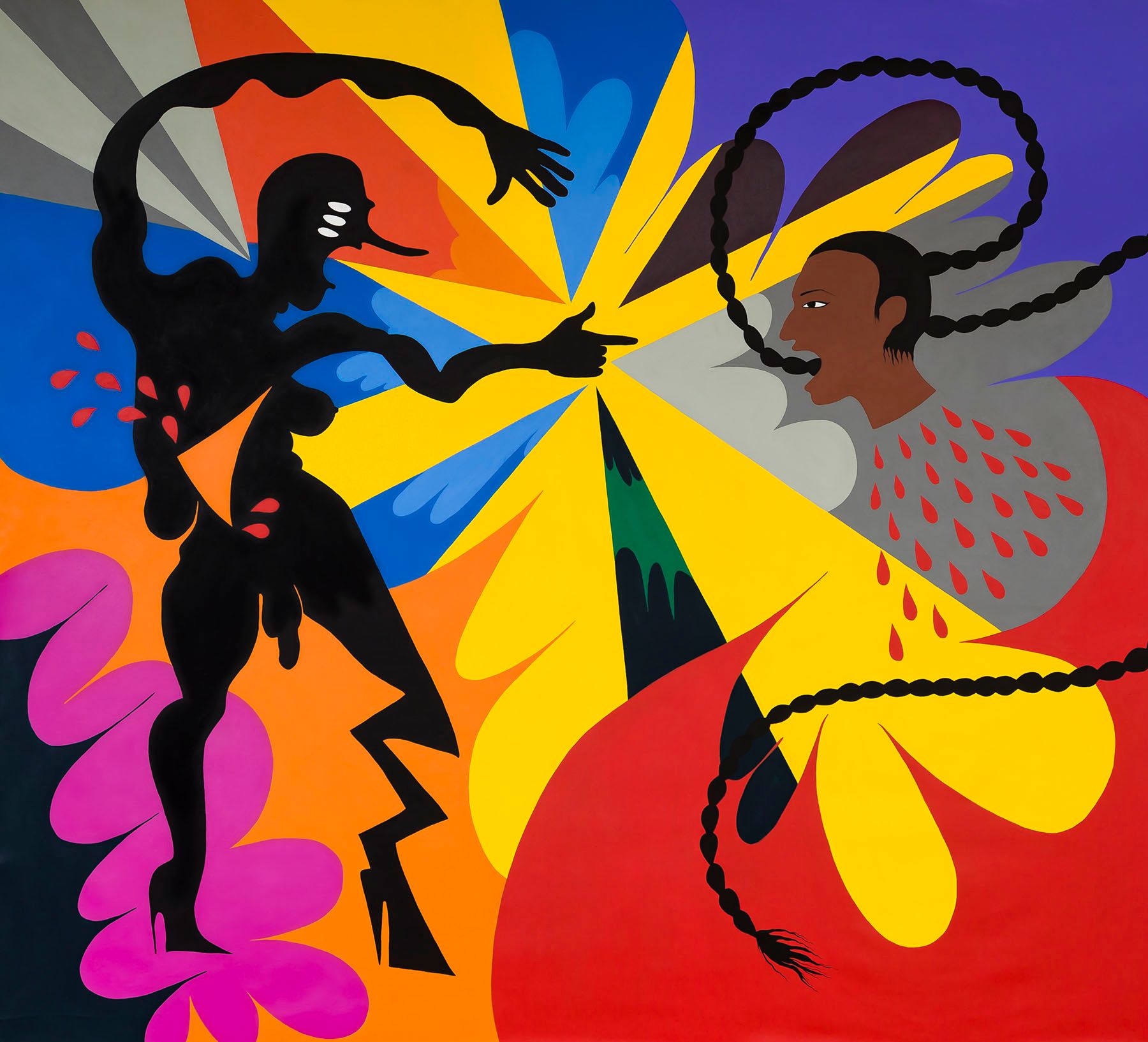 A graphic painting of a black figure pointing at a screaming brown-skinned head, against a dynamic, colorful starburst background.