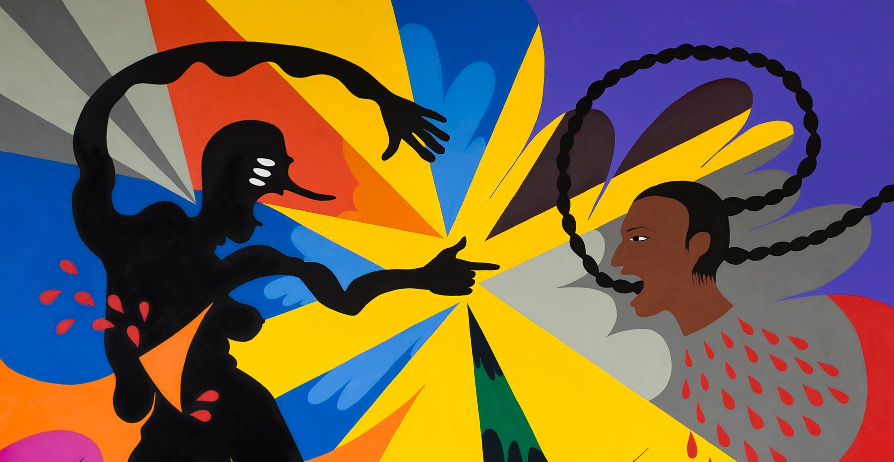 A graphic painting of a black figure pointing at a screaming brown-skinned head, against a dynamic, colorful starburst background.