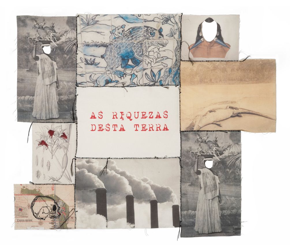 Rosana Paulino, As Riches Desta Terra, 2017. Digital printing on fabric, linoleum, cutouts, ink and sewing 96.0 x 126.0 cm.