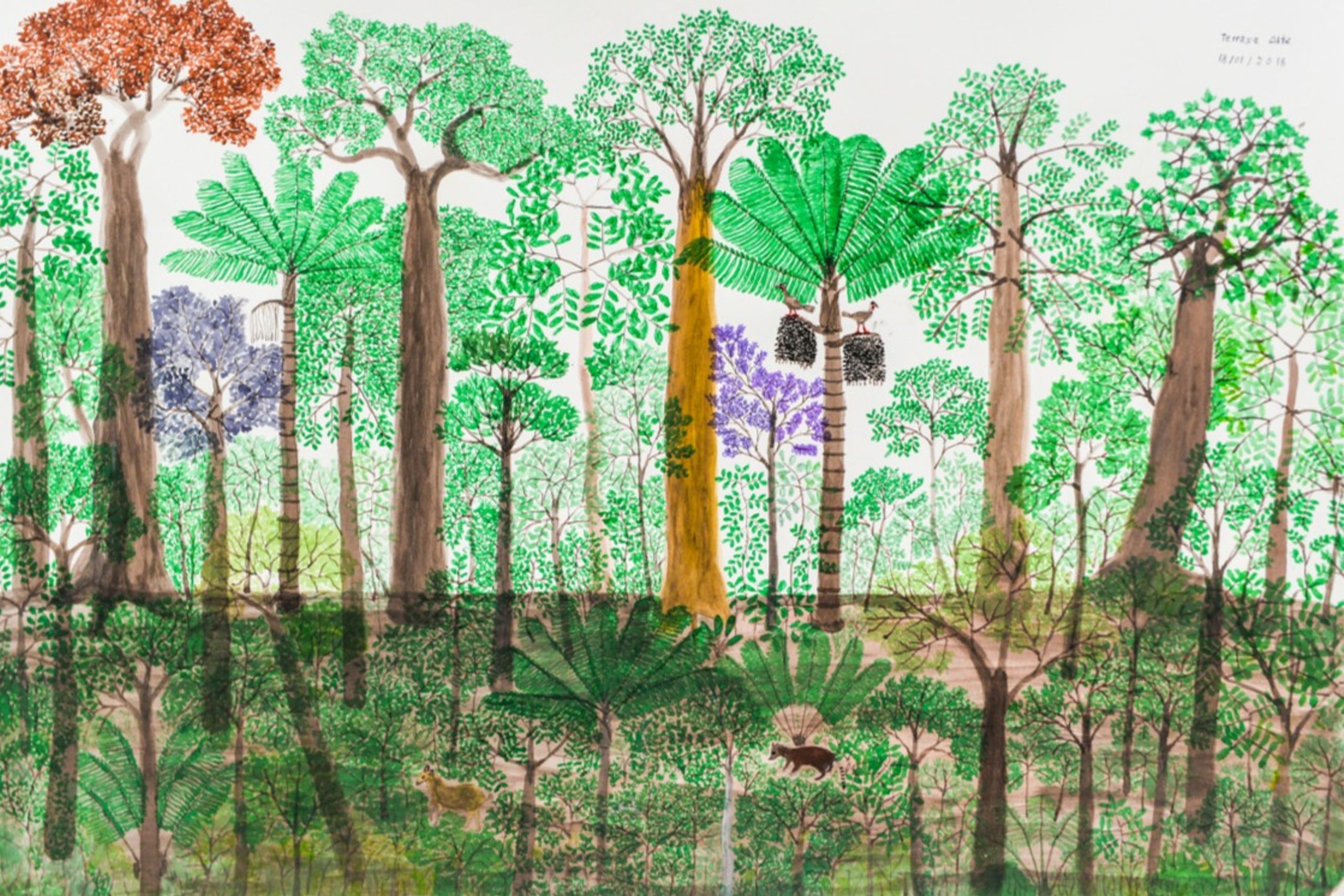 A colorful, stylized painting depicts a dense forest with diverse trees, some with red or purple foliage, reflected in a watery foreground where a fox and another animal are visible. Birds perch on dark, cage-like structures hanging from a tree.