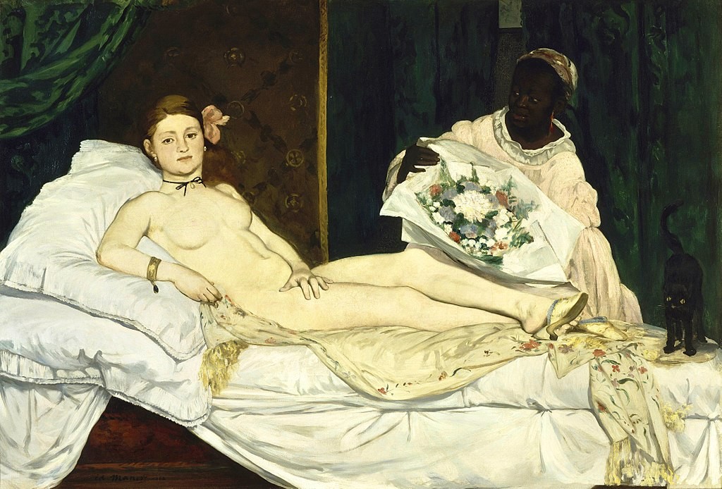 An oil painting depicts a nude woman reclining on a bed, a Black maid holding flowers, and a black cat.