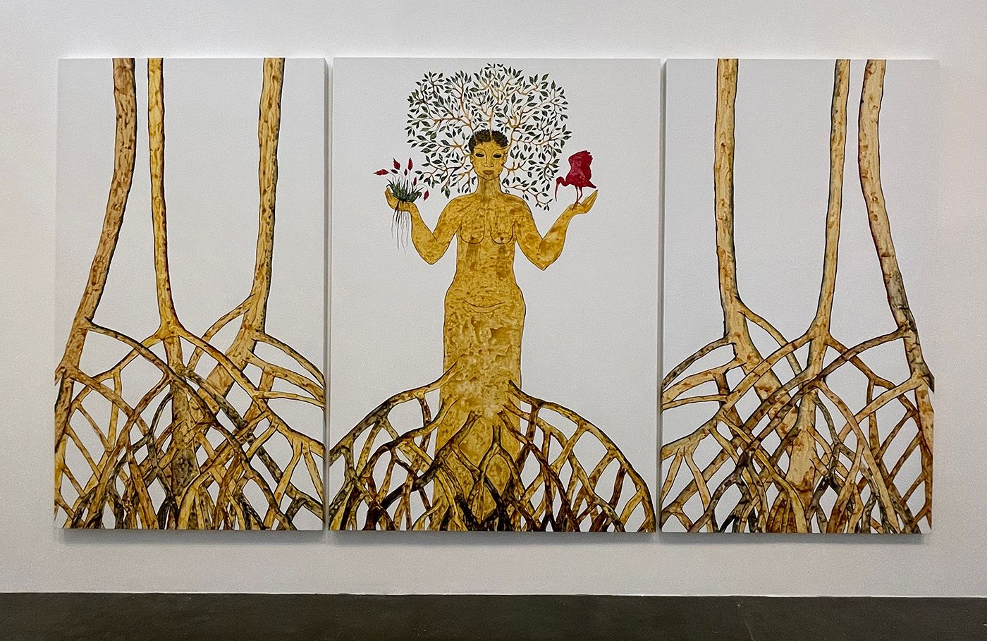 Rosana Paulino, from the series Mangrove, Scarlet ibis, 2023. Graphite, acrylic and natural pigment on canvas. Courtesy: Mendes Wood DM and Rosana Paulino