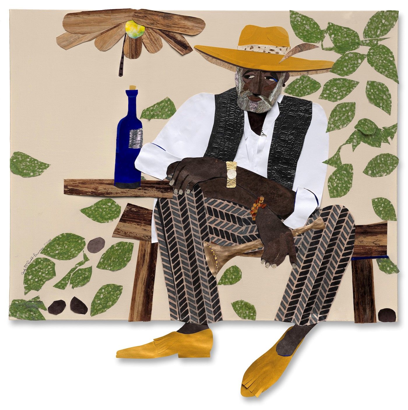 Judy Bowman, The Golden Time Of Day, 2022Mixed
media collage on canvas 60 x 48 in 152.4 x 121.9 cm. Image courtesy the artist and MOCAD.