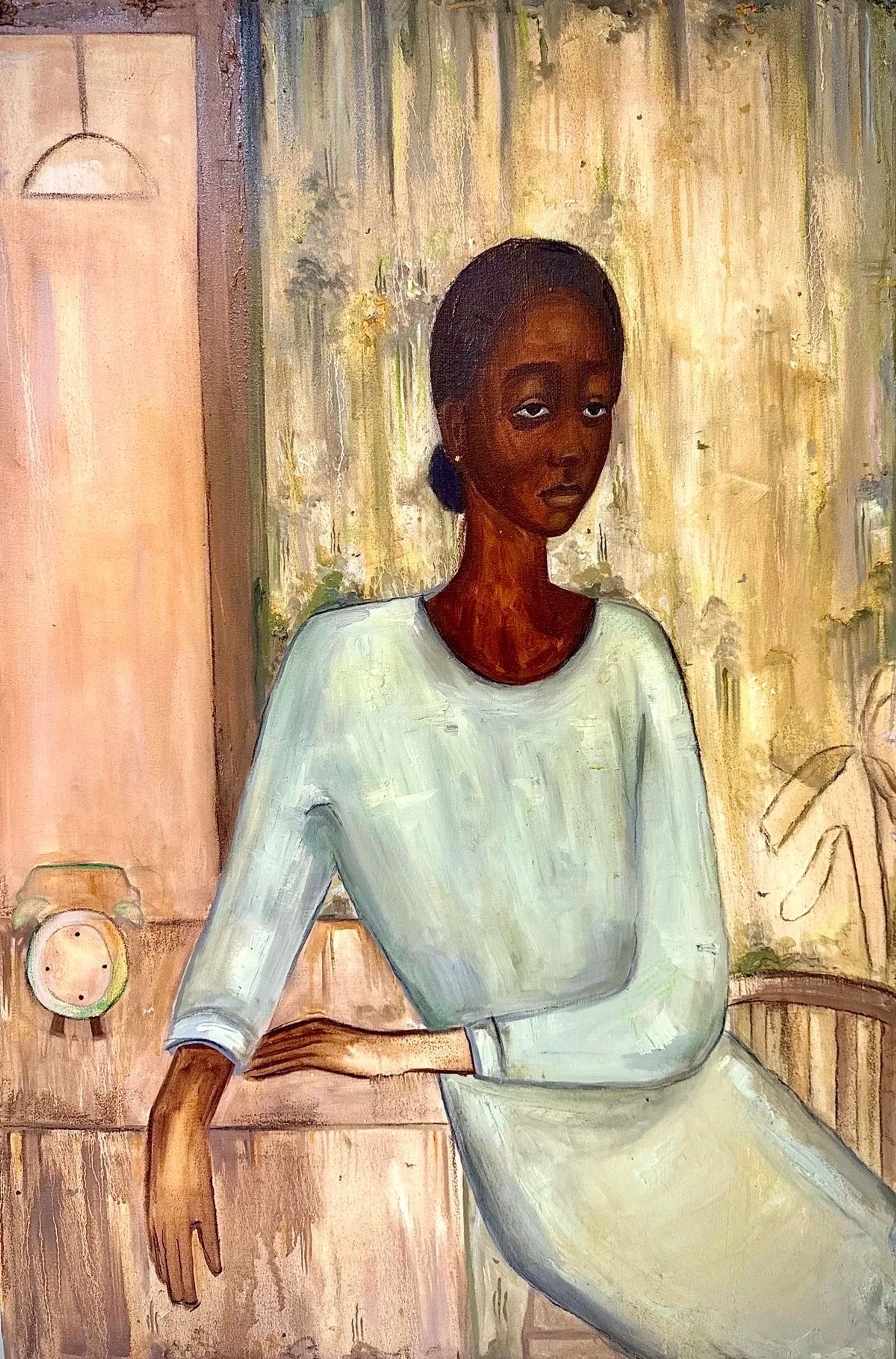 Painting of a Black woman with a somber expression, wearing a pale dress, leaning on a surface next to a vintage telephone.