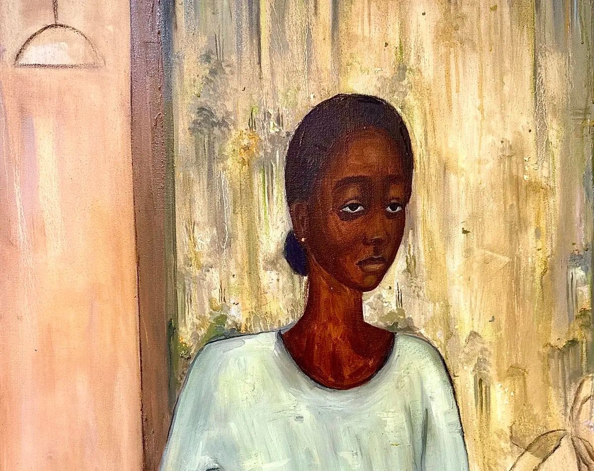 Painting of a Black woman with a somber expression, wearing a pale dress, leaning on a surface next to a vintage telephone.