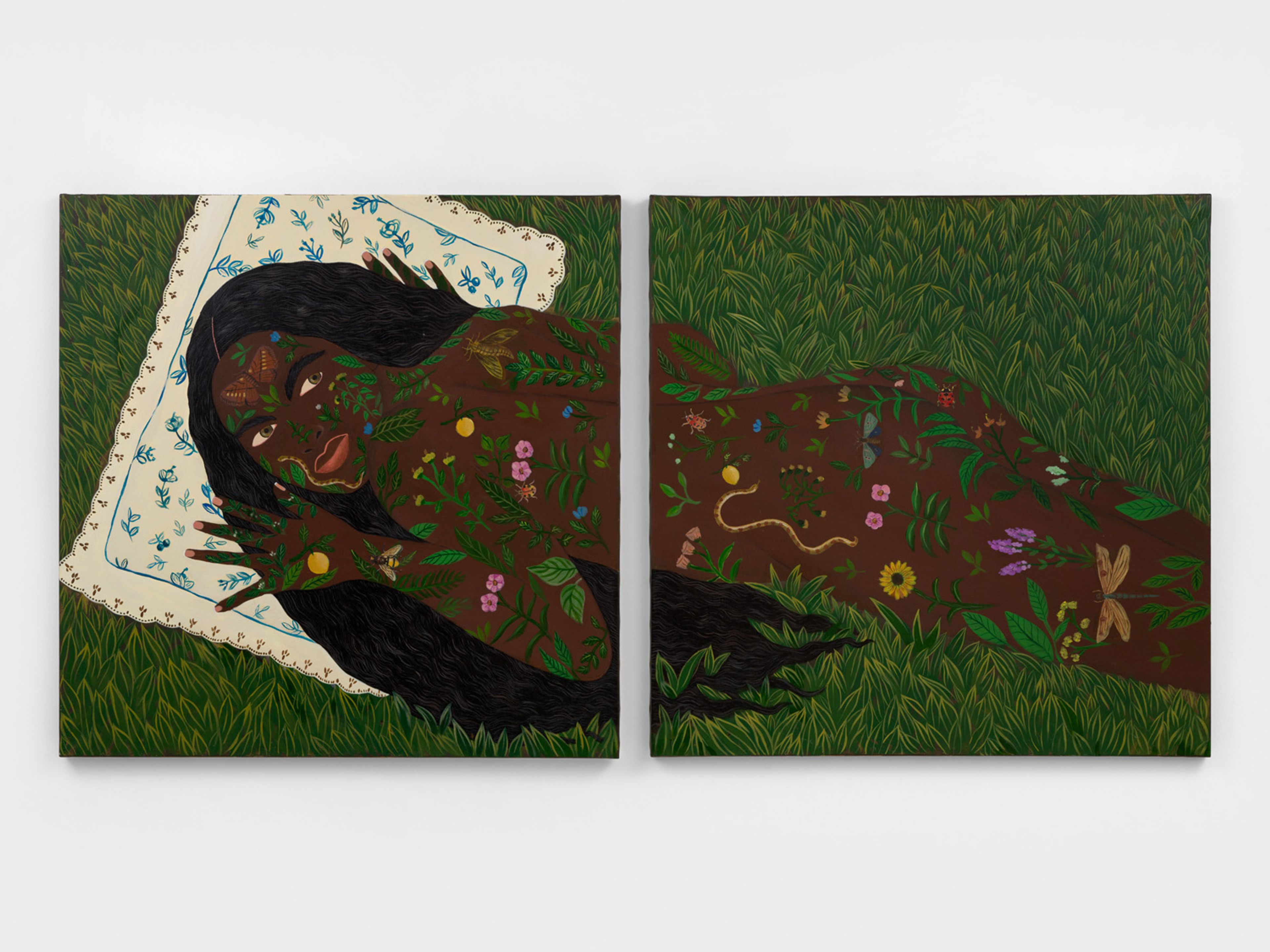 A diptych painting shows a dark-skinned woman reclining in green grass, her body adorned with painted leaves, flowers, and insects, resting on a white patterned blanket.