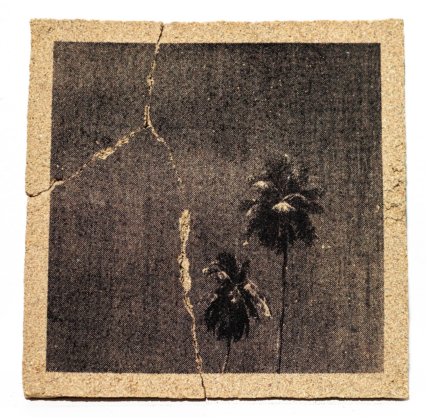 Mariana Ramos Ortiz, Ráfaga (Burst), silkscreen on sand, 8" x 8" x .5". Courtesy of the artist.