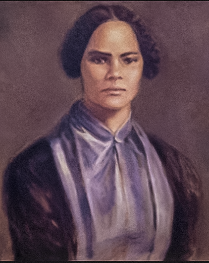 Painting of an African American woman with dark hair, a serious expression, wearing a dark garment and a light purple scarf.